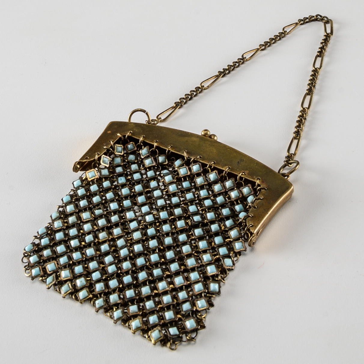 1920s Vintage Goldtone Mesh Purse with Blue Glass Cabochons