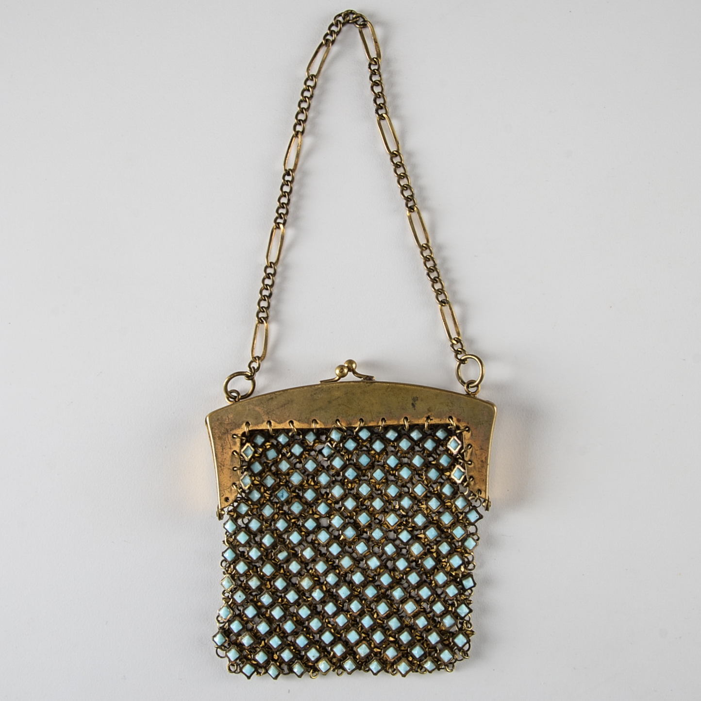 1920s Vintage Goldtone Mesh Purse with Blue Glass Cabochons