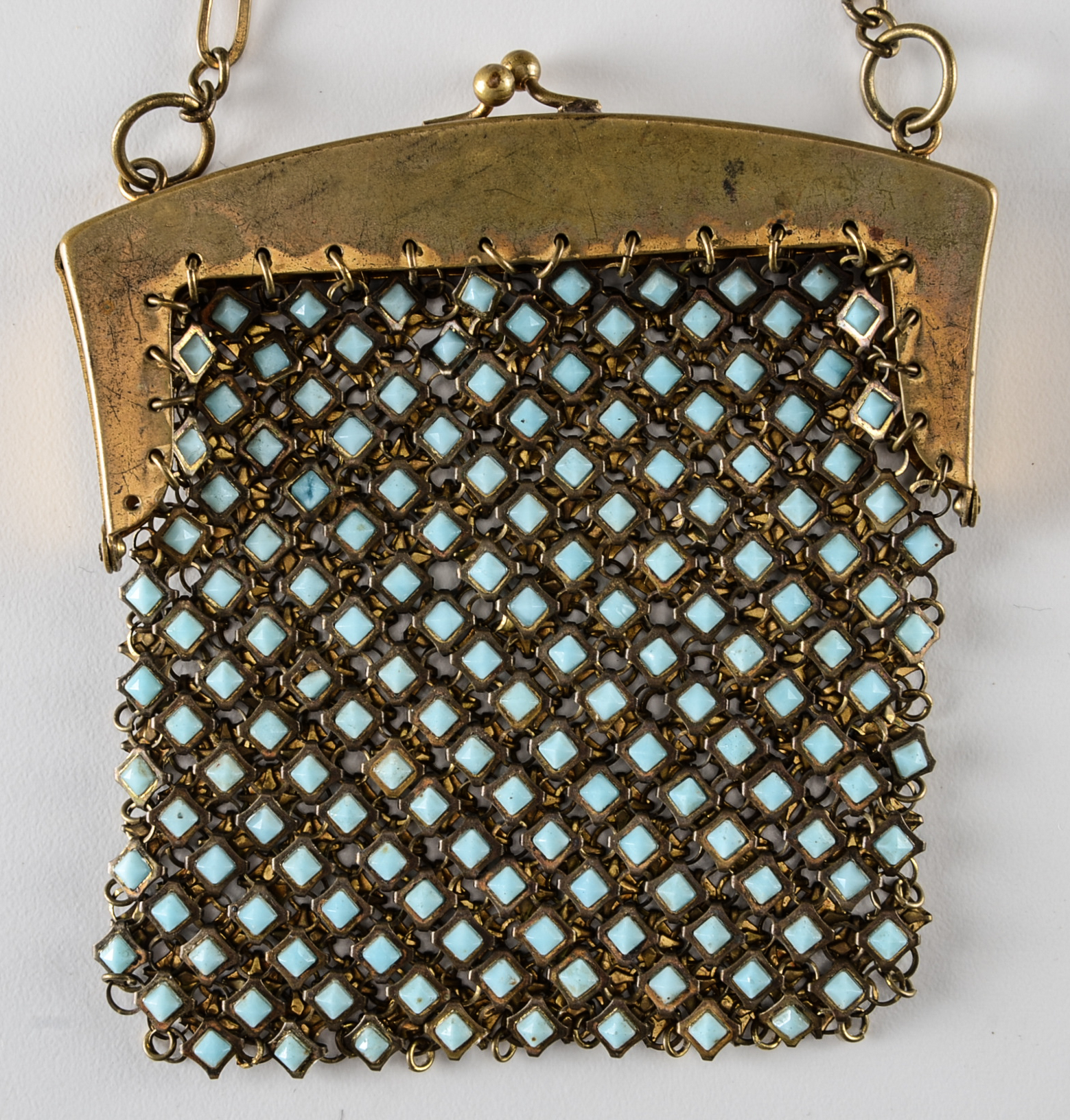 1920s Vintage Goldtone Mesh Purse with Blue Glass Cabochons