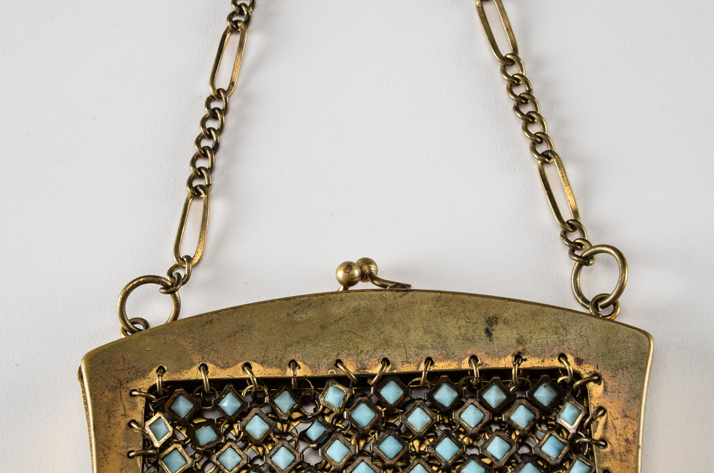 1920s Vintage Goldtone Mesh Purse with Blue Glass Cabochons