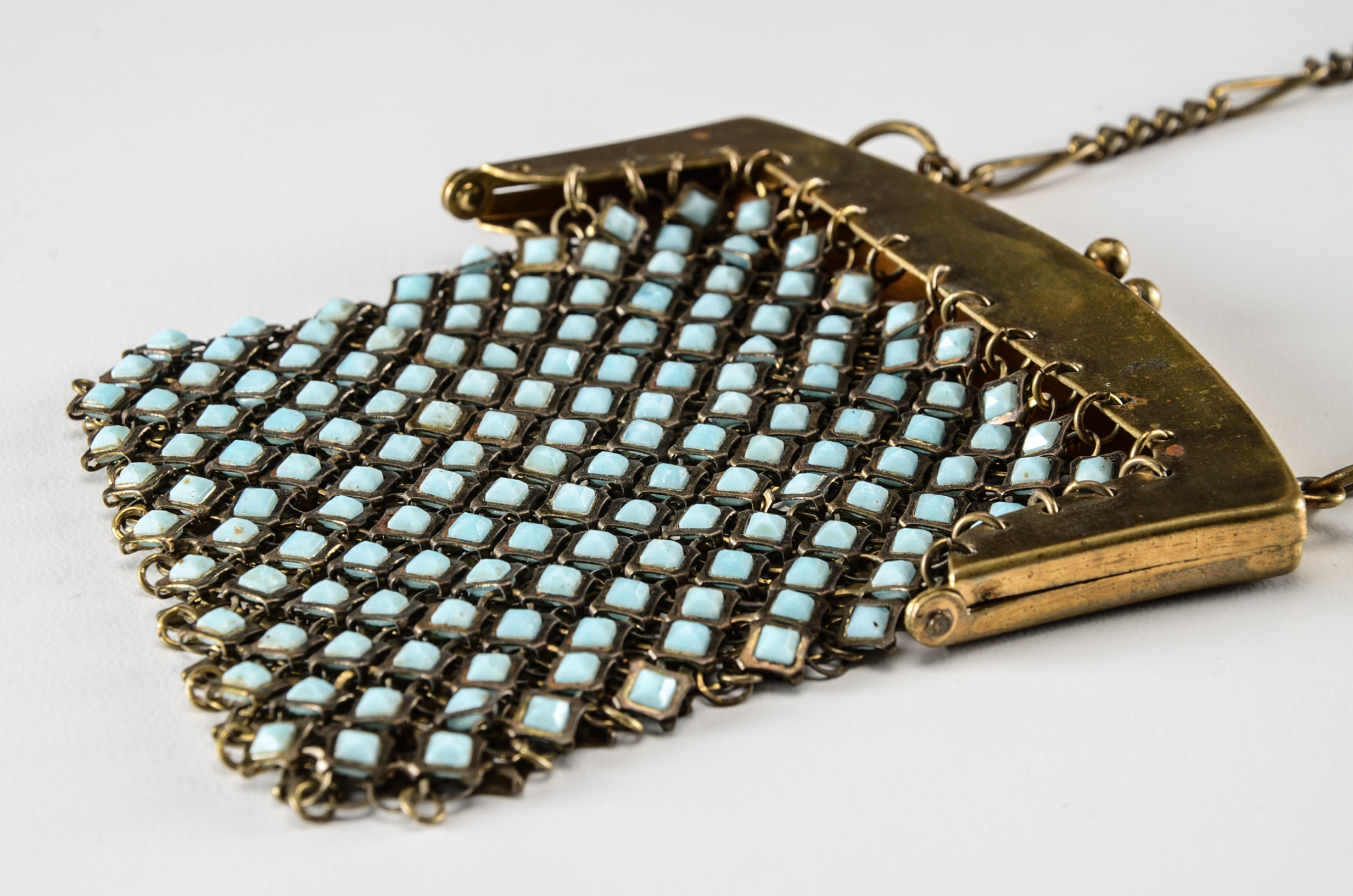 1920s Vintage Goldtone Mesh Purse with Blue Glass Cabochons