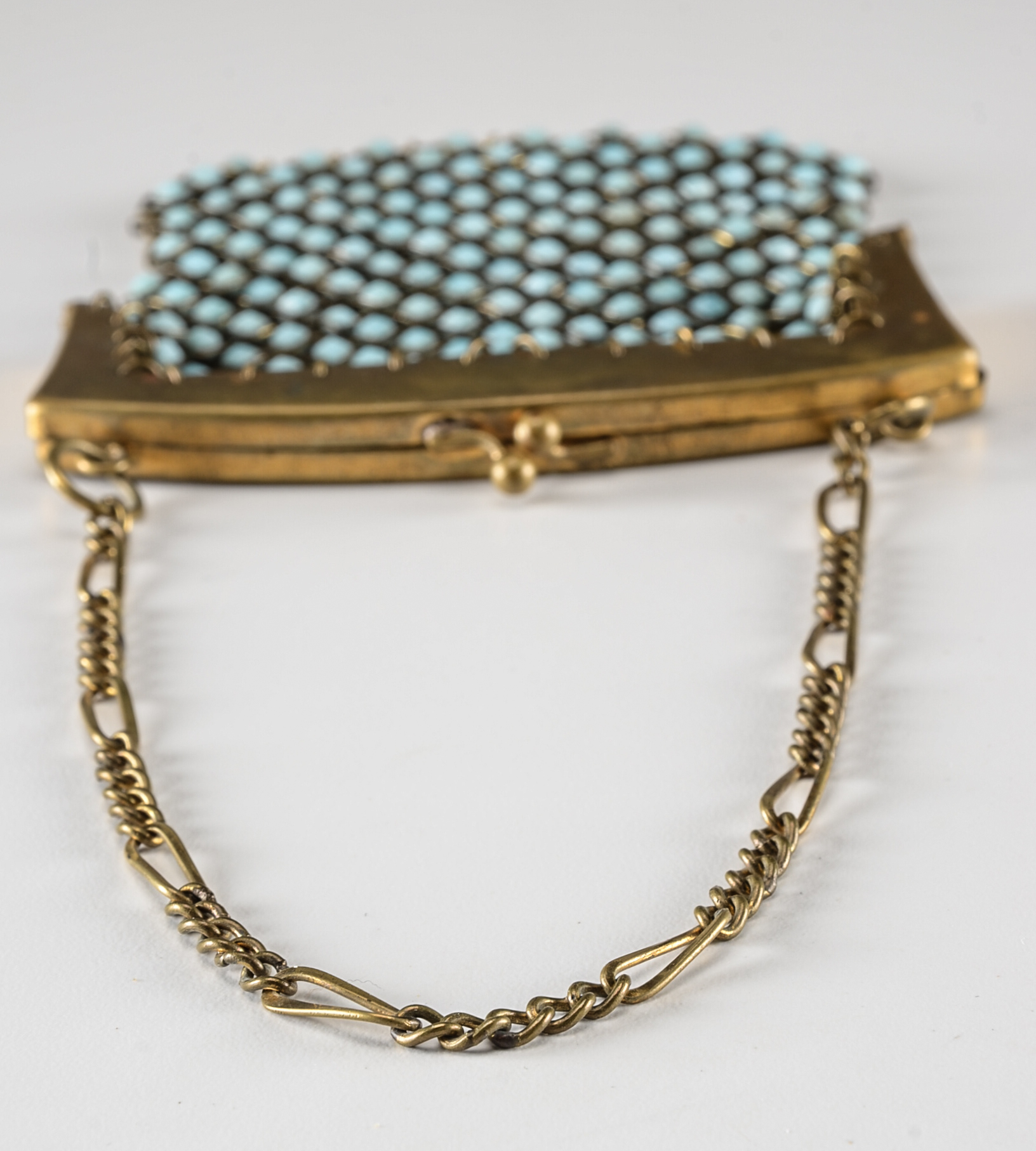 1920s Vintage Goldtone Mesh Purse with Blue Glass Cabochons