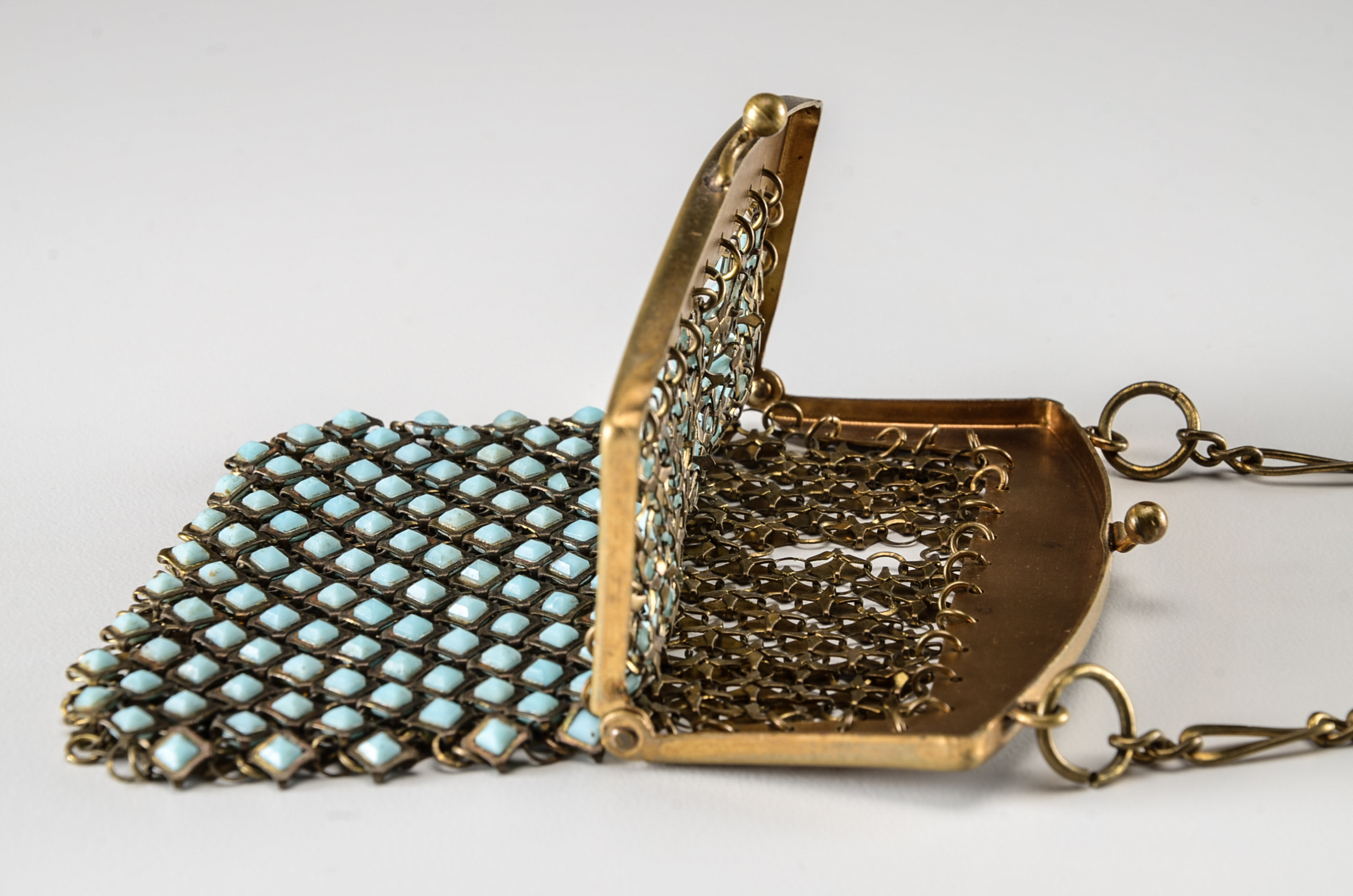 1920s Vintage Goldtone Mesh Purse with Blue Glass Cabochons
