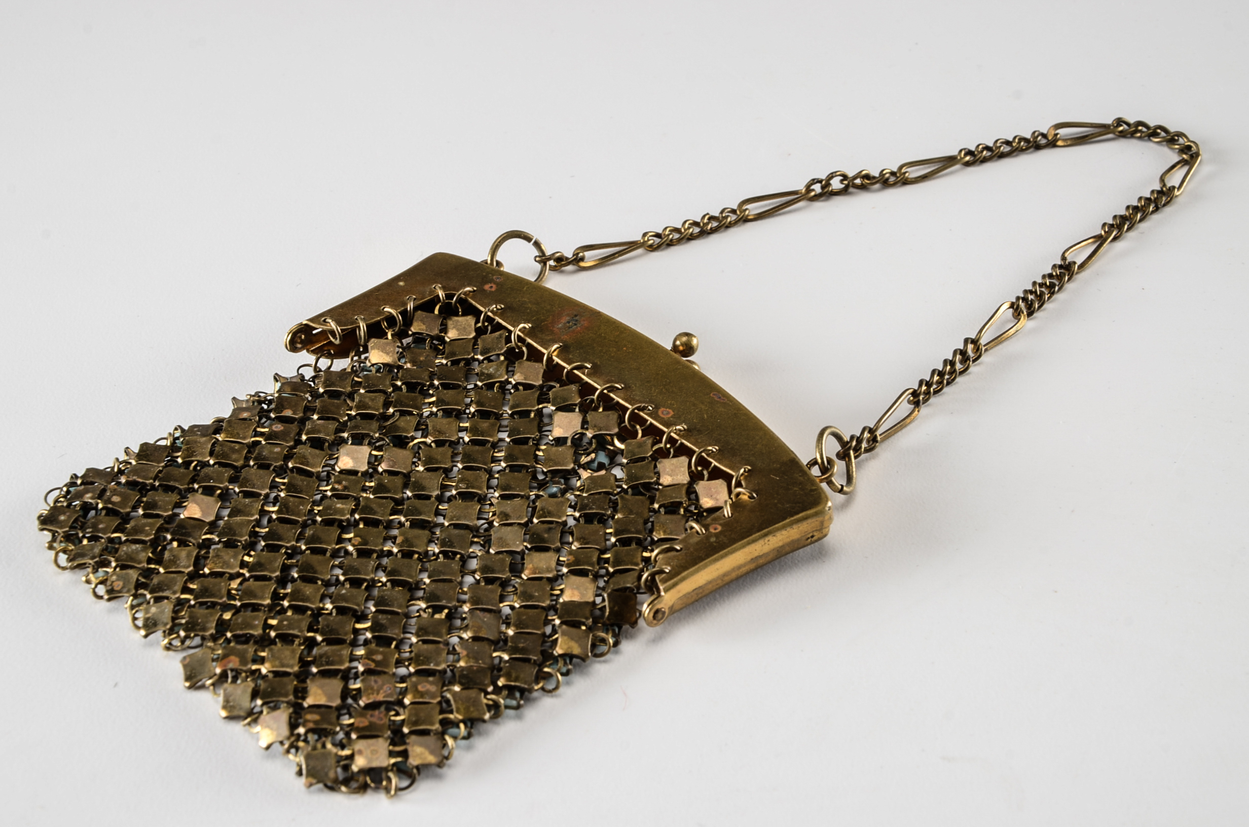 1920s Vintage Goldtone Mesh Purse with Blue Glass Cabochons