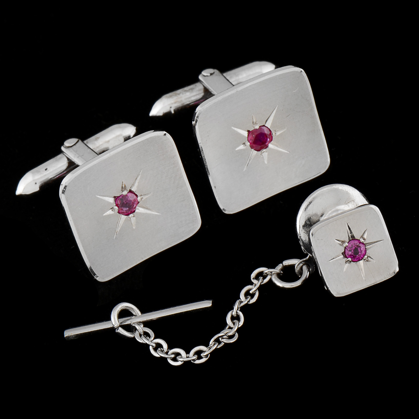 Men's Vintage 14K White Gold Ruby Cufflinks and Tie Tack Demi-Parure Set