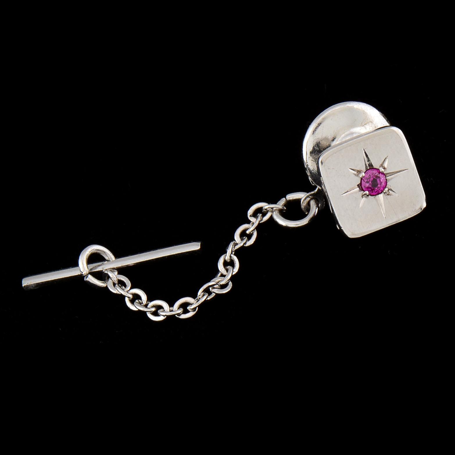 Men's Vintage 14K White Gold Ruby Cufflinks and Tie Tack Demi-Parure Set