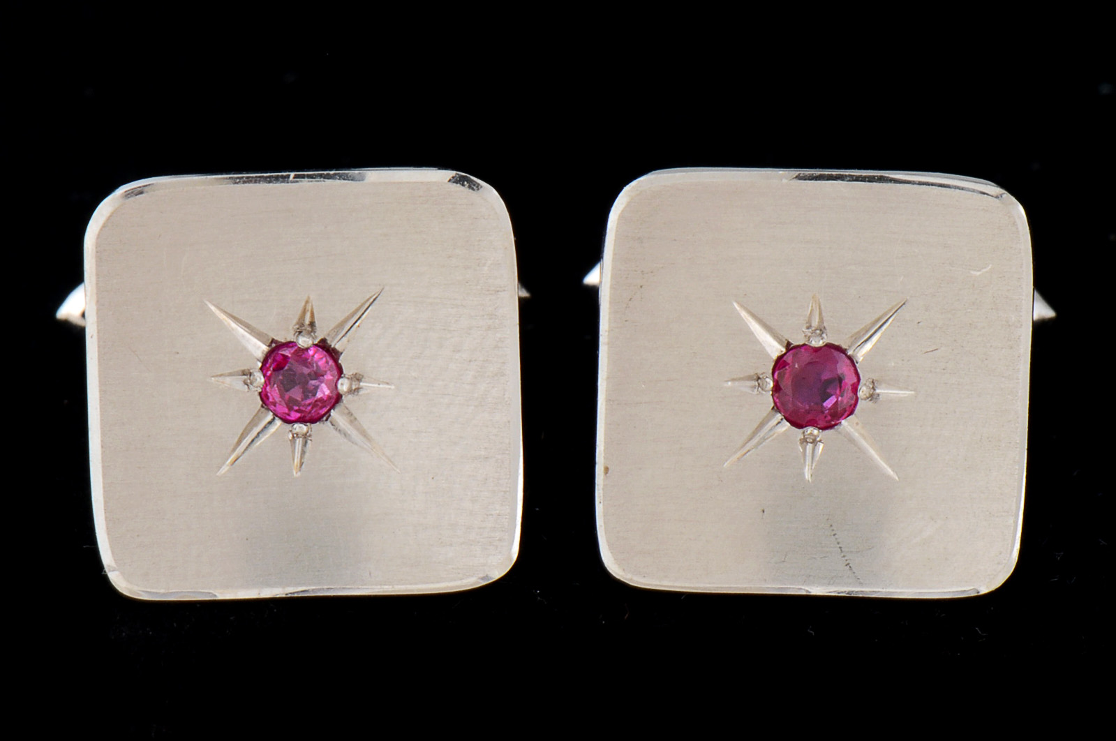 Men's Vintage 14K White Gold Ruby Cufflinks and Tie Tack Demi-Parure Set