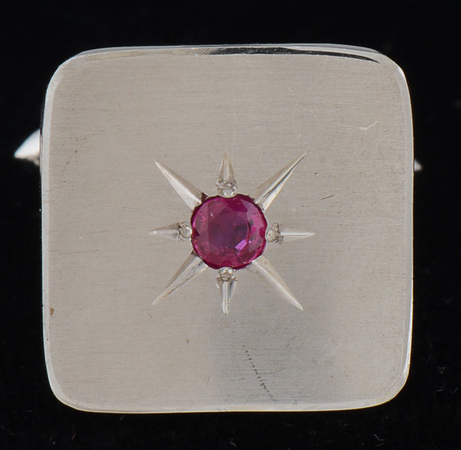 Men's Vintage 14K White Gold Ruby Cufflinks and Tie Tack Demi-Parure Set