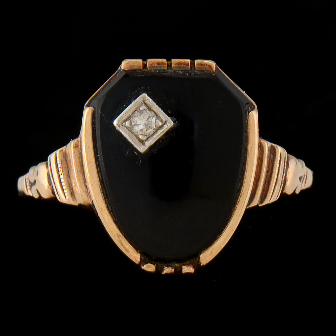 Vintage 10K Rose Gold Black Onyx and Diamond Ring