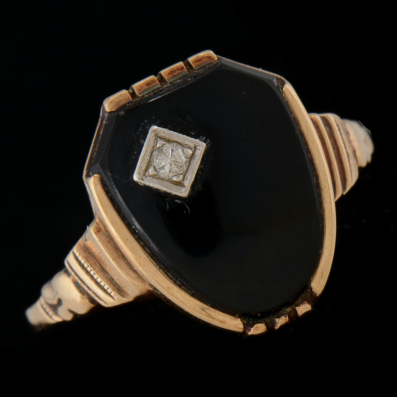 Vintage 10K Rose Gold Black Onyx and Diamond Ring