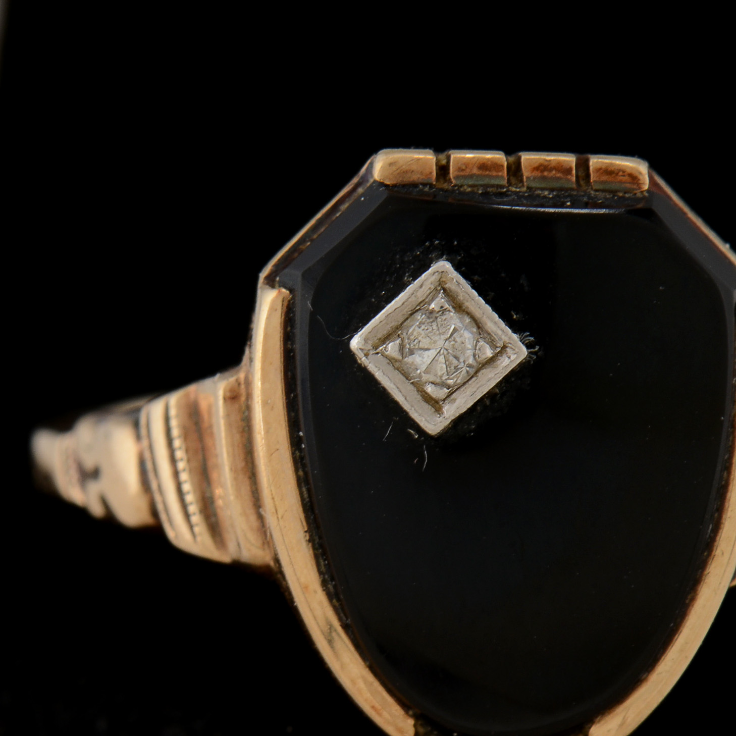 Vintage 10K Rose Gold Black Onyx and Diamond Ring