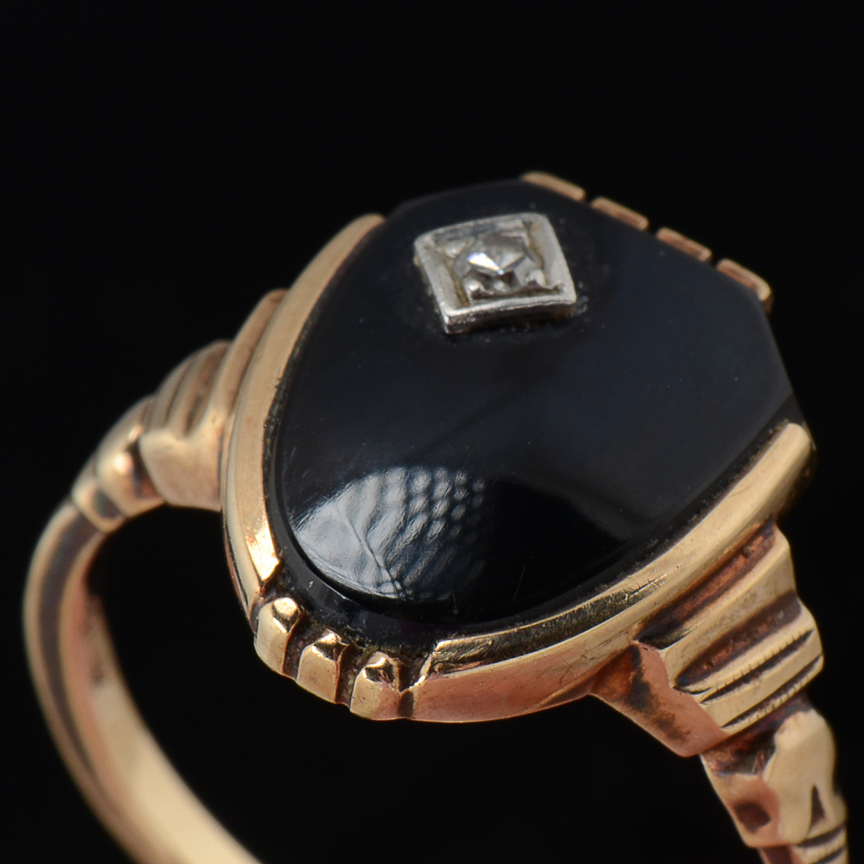 Vintage 10K Rose Gold Black Onyx and Diamond Ring