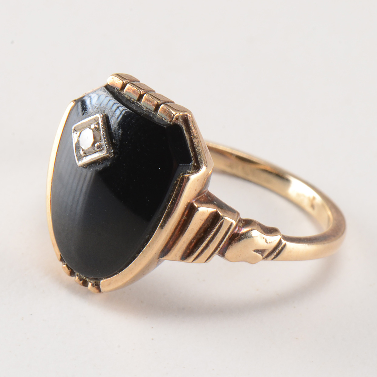 Vintage 10K Rose Gold Black Onyx and Diamond Ring