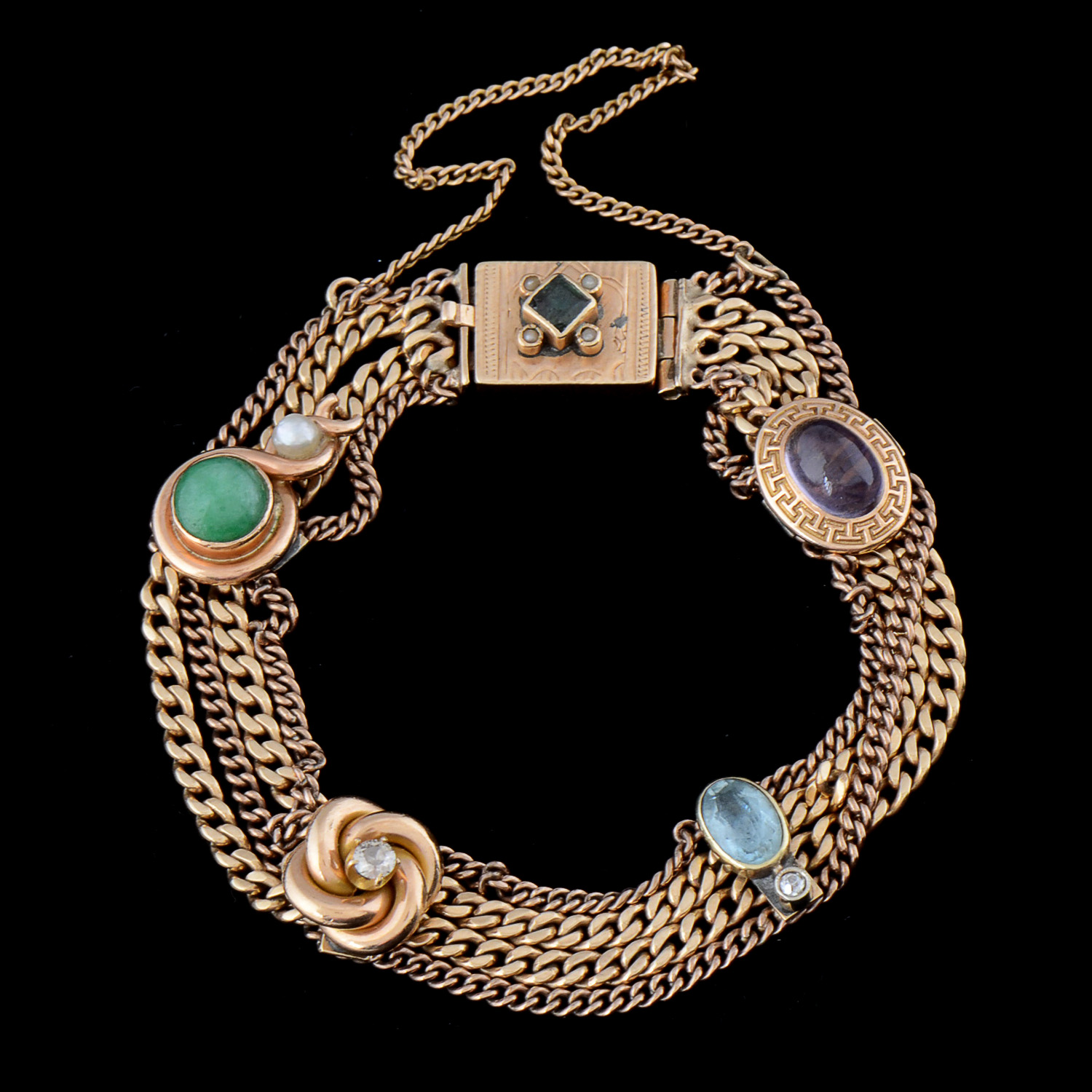 Vintage 14K Yellow Gold Multi-Color Gemstone and Multi-Strand Curb Link Bracelet