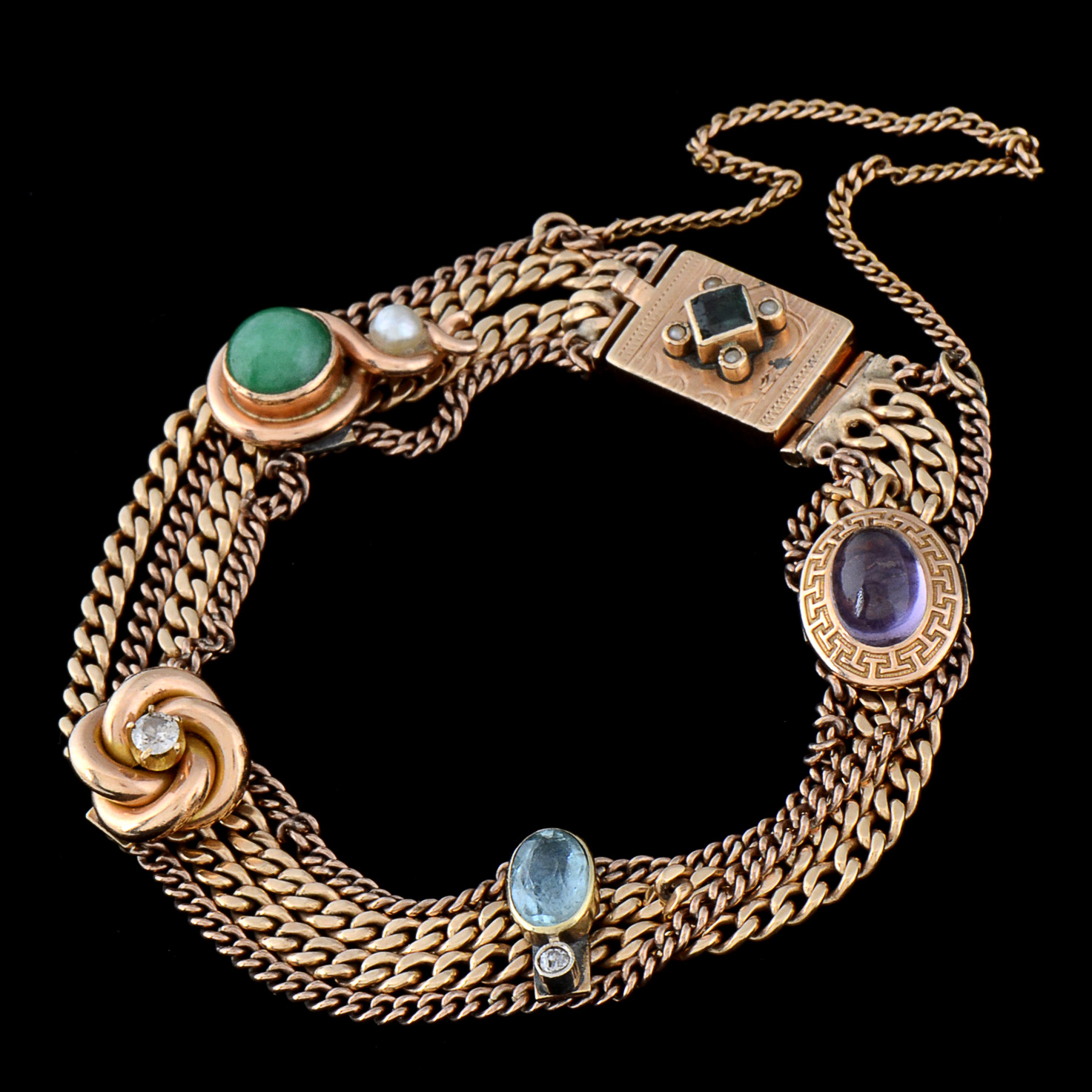 Vintage 14K Yellow Gold Multi-Color Gemstone and Multi-Strand Curb Link Bracelet