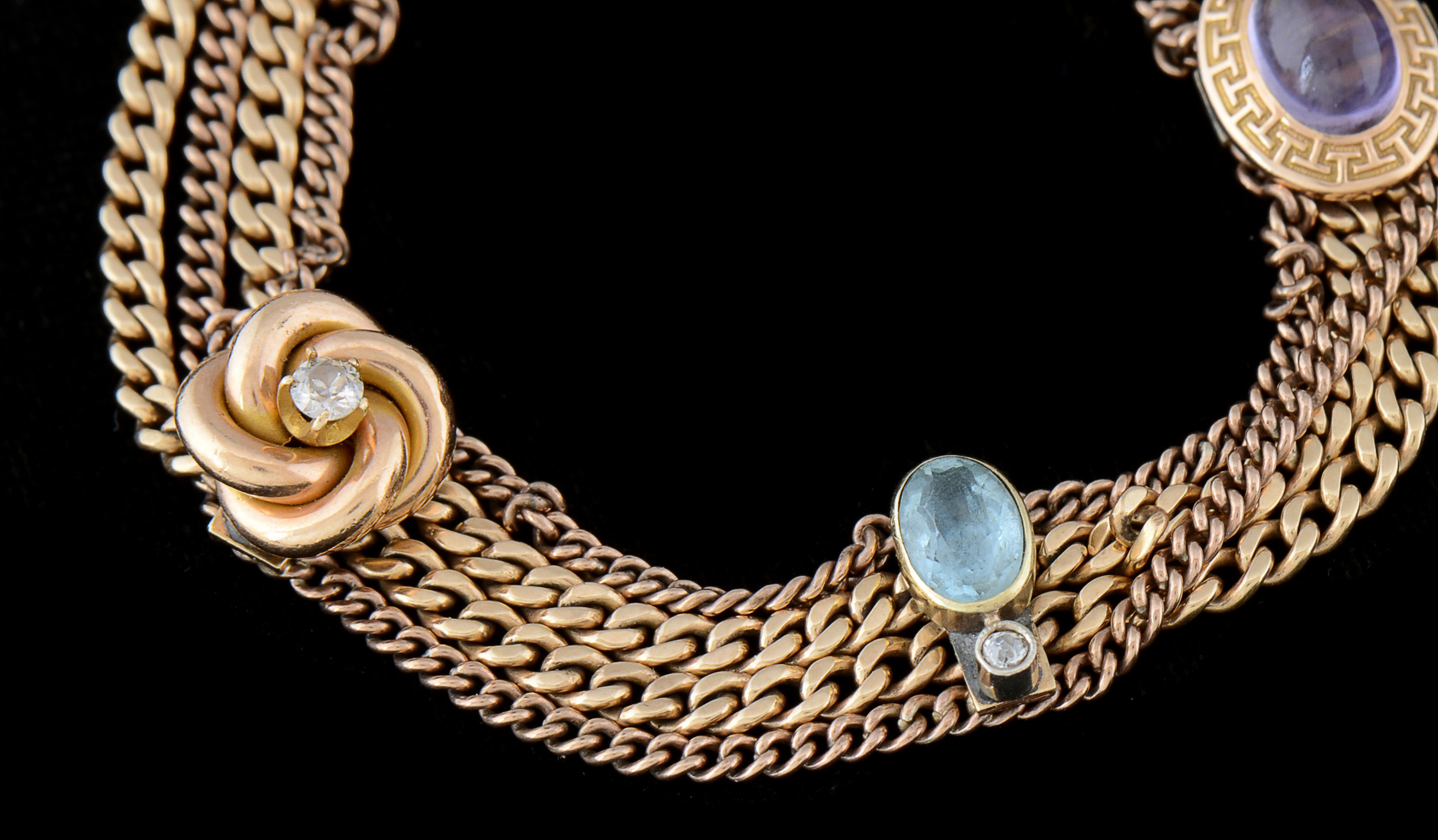 Vintage 14K Yellow Gold Multi-Color Gemstone and Multi-Strand Curb Link Bracelet