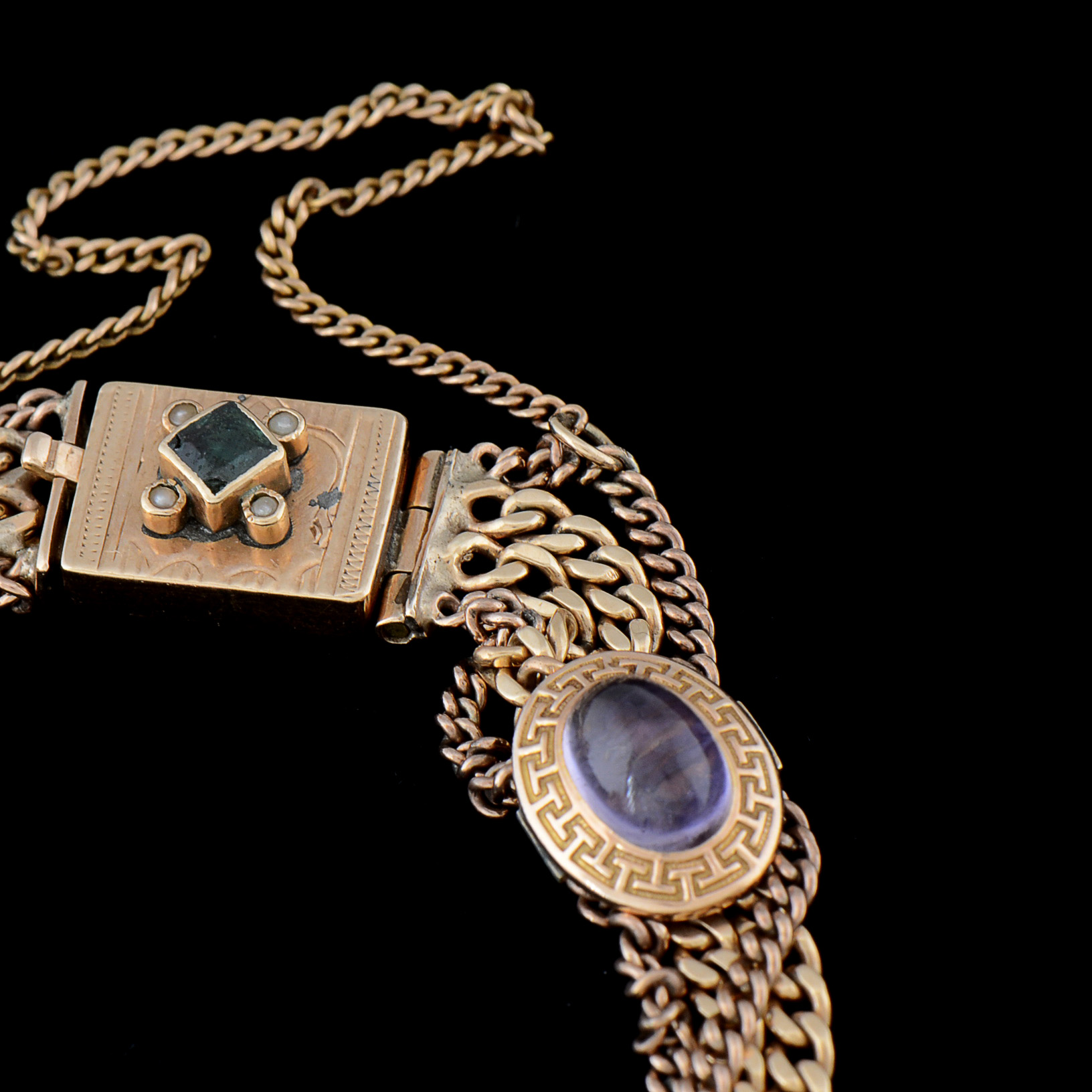 Vintage 14K Yellow Gold Multi-Color Gemstone and Multi-Strand Curb Link Bracelet