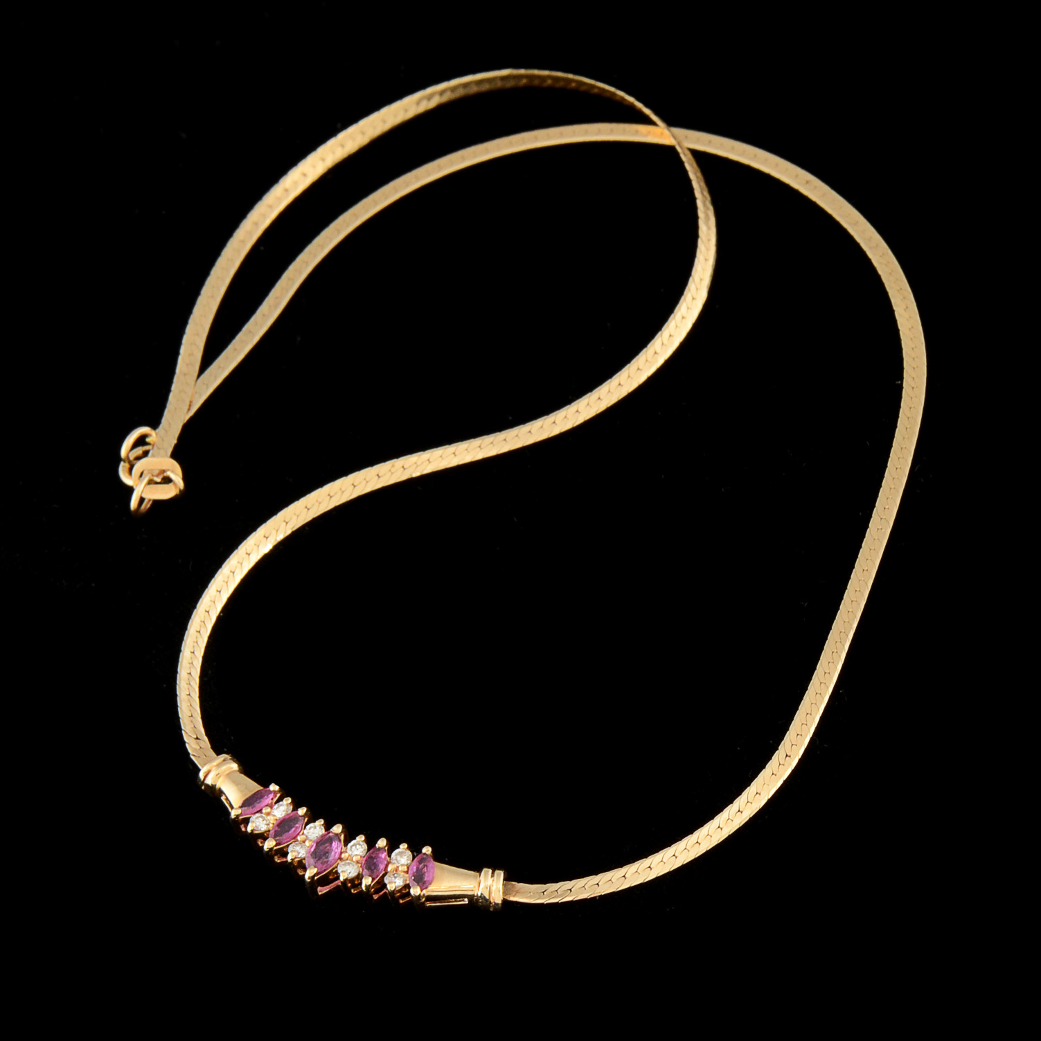 14K Yellow Gold Ruby and Diamond Herringbone Chain Necklace