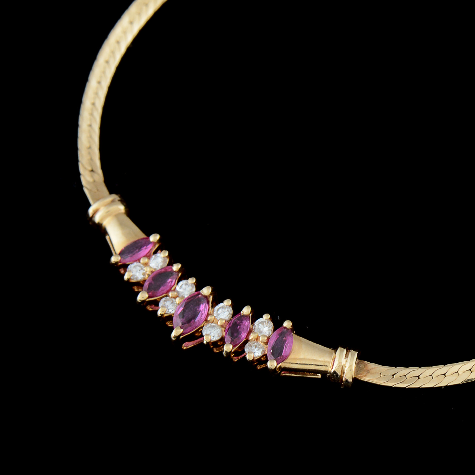 14K Yellow Gold Ruby and Diamond Herringbone Chain Necklace