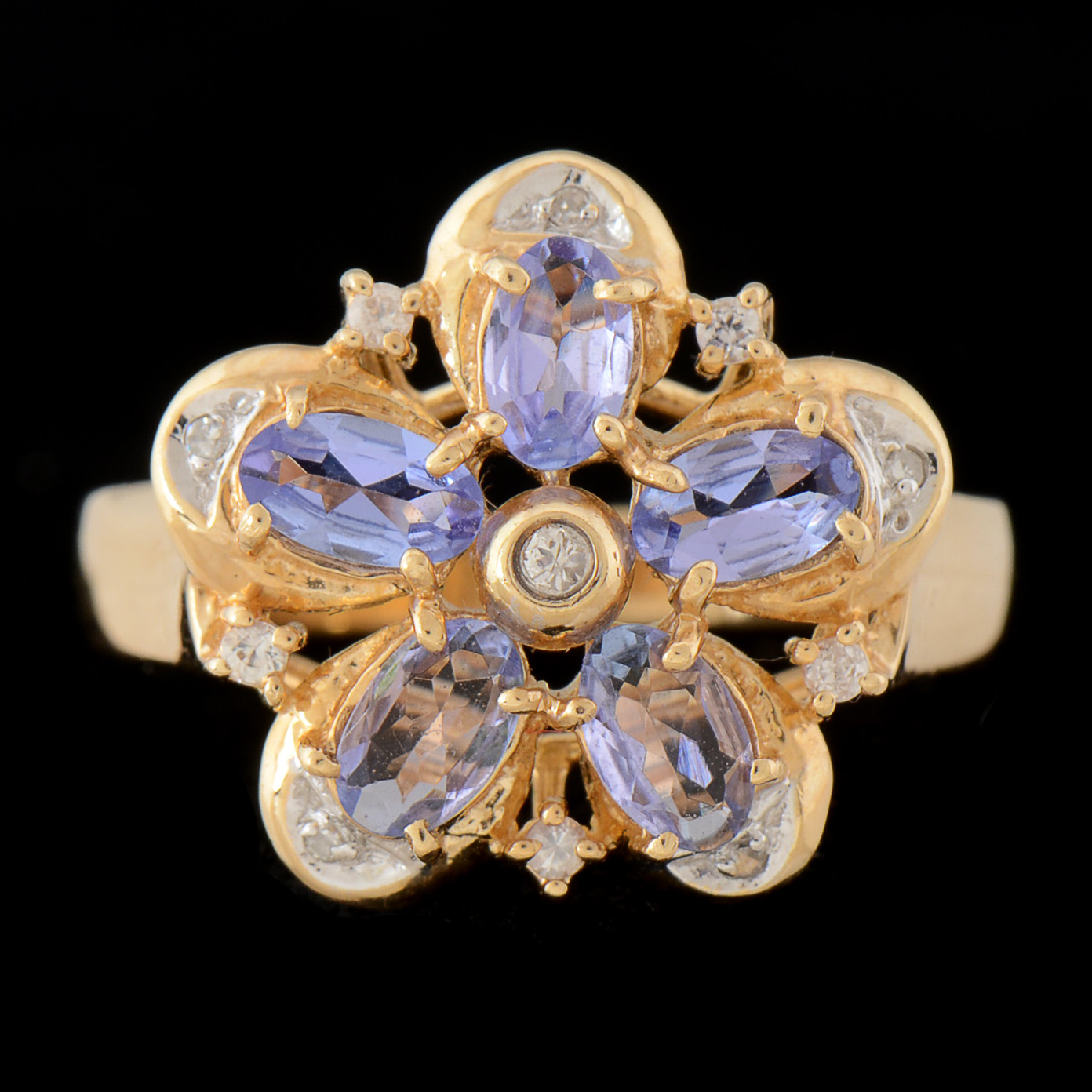 14K Yellow Gold Tanzanite and Diamond Openwork Floral Ring