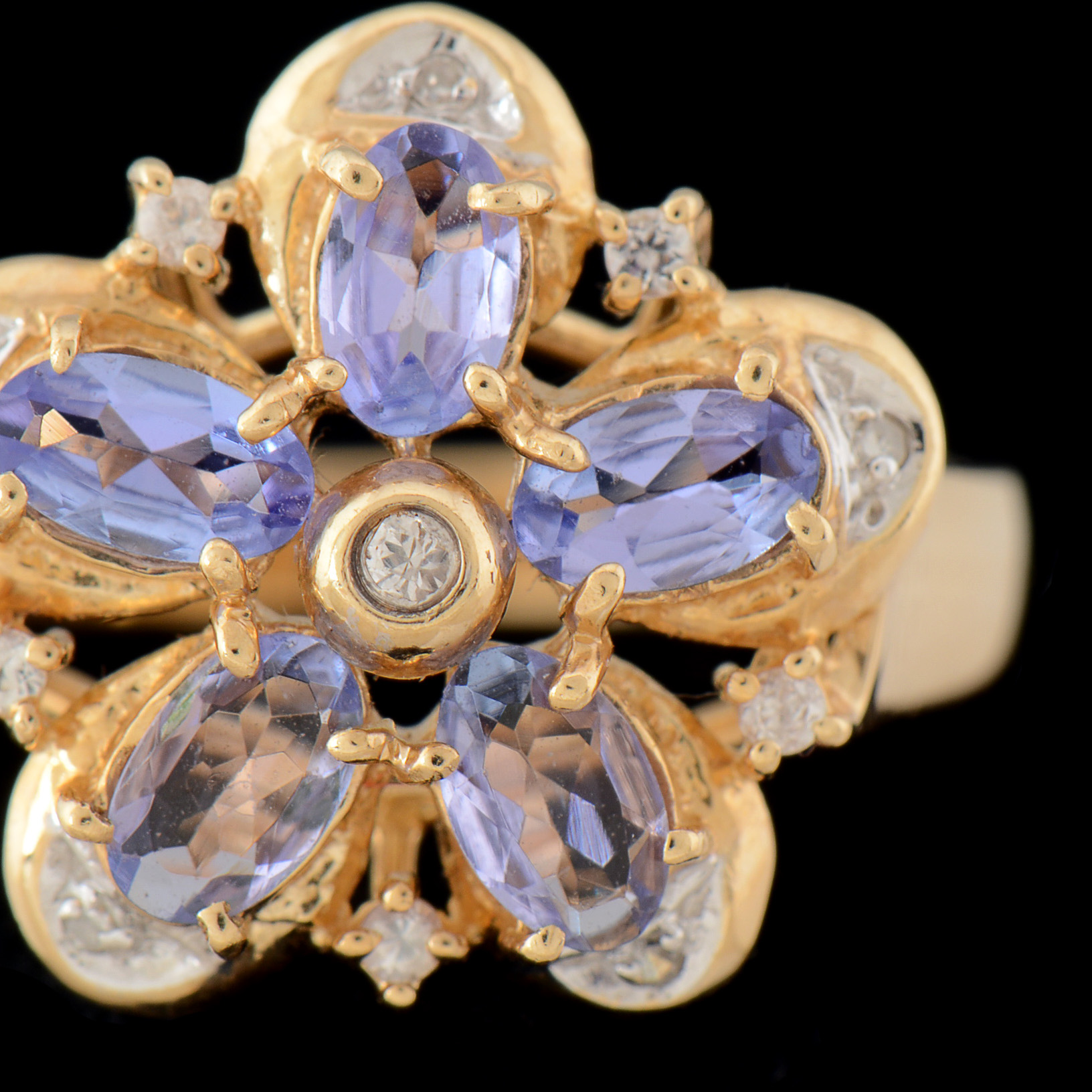 14K Yellow Gold Tanzanite and Diamond Openwork Floral Ring