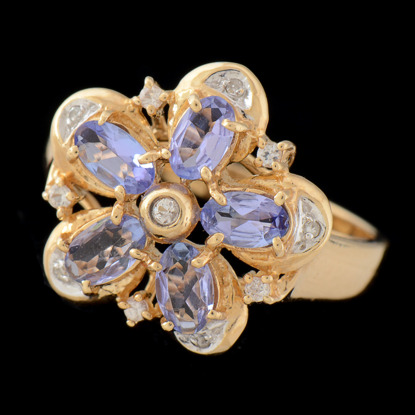 14K Yellow Gold Tanzanite and Diamond Openwork Floral Ring