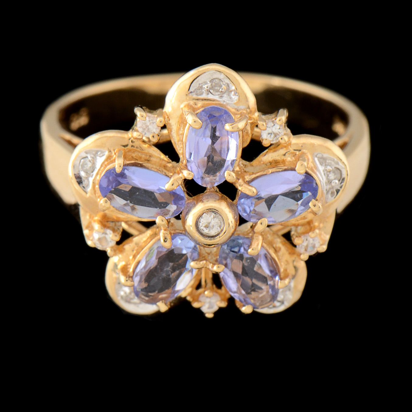14K Yellow Gold Tanzanite and Diamond Openwork Floral Ring