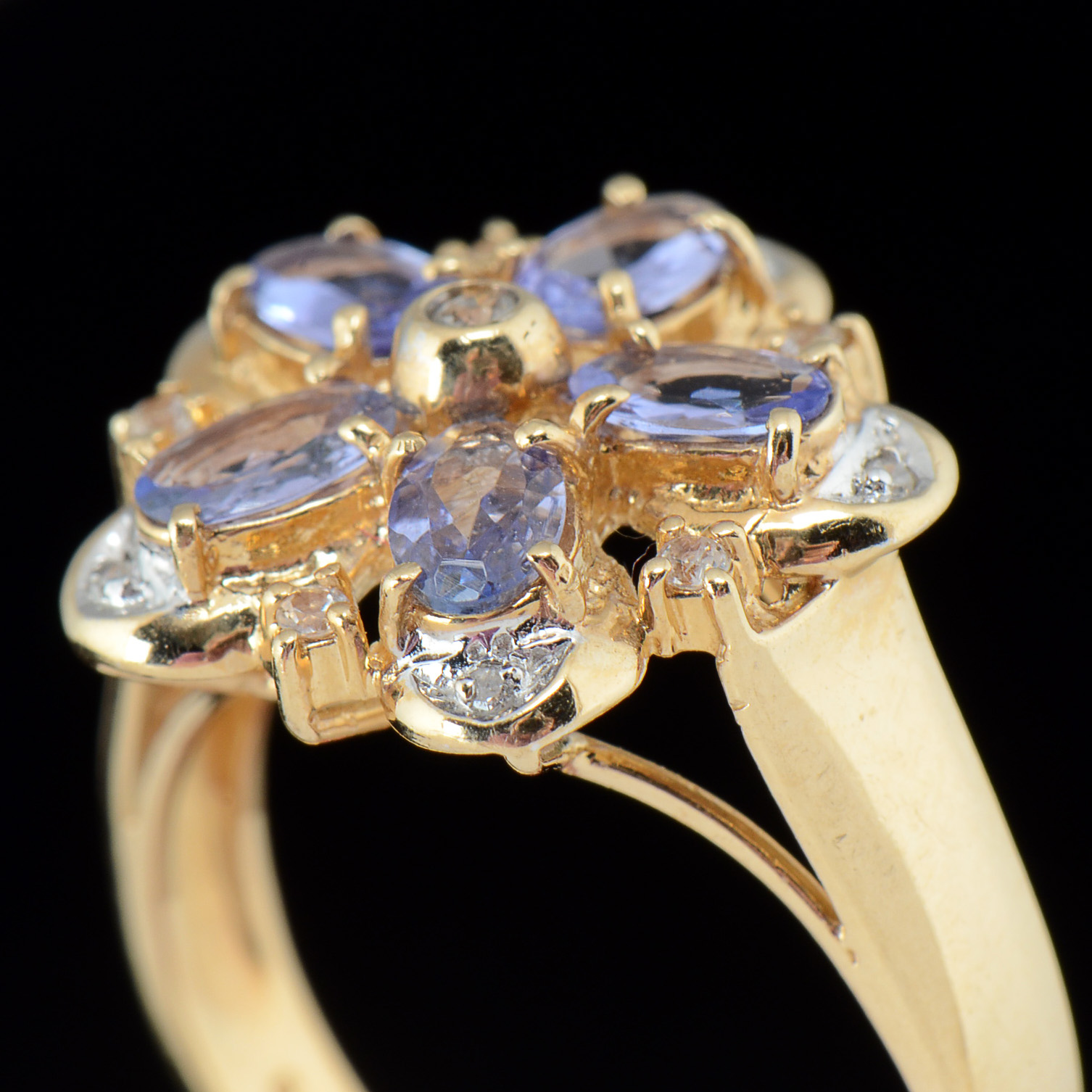 14K Yellow Gold Tanzanite and Diamond Openwork Floral Ring