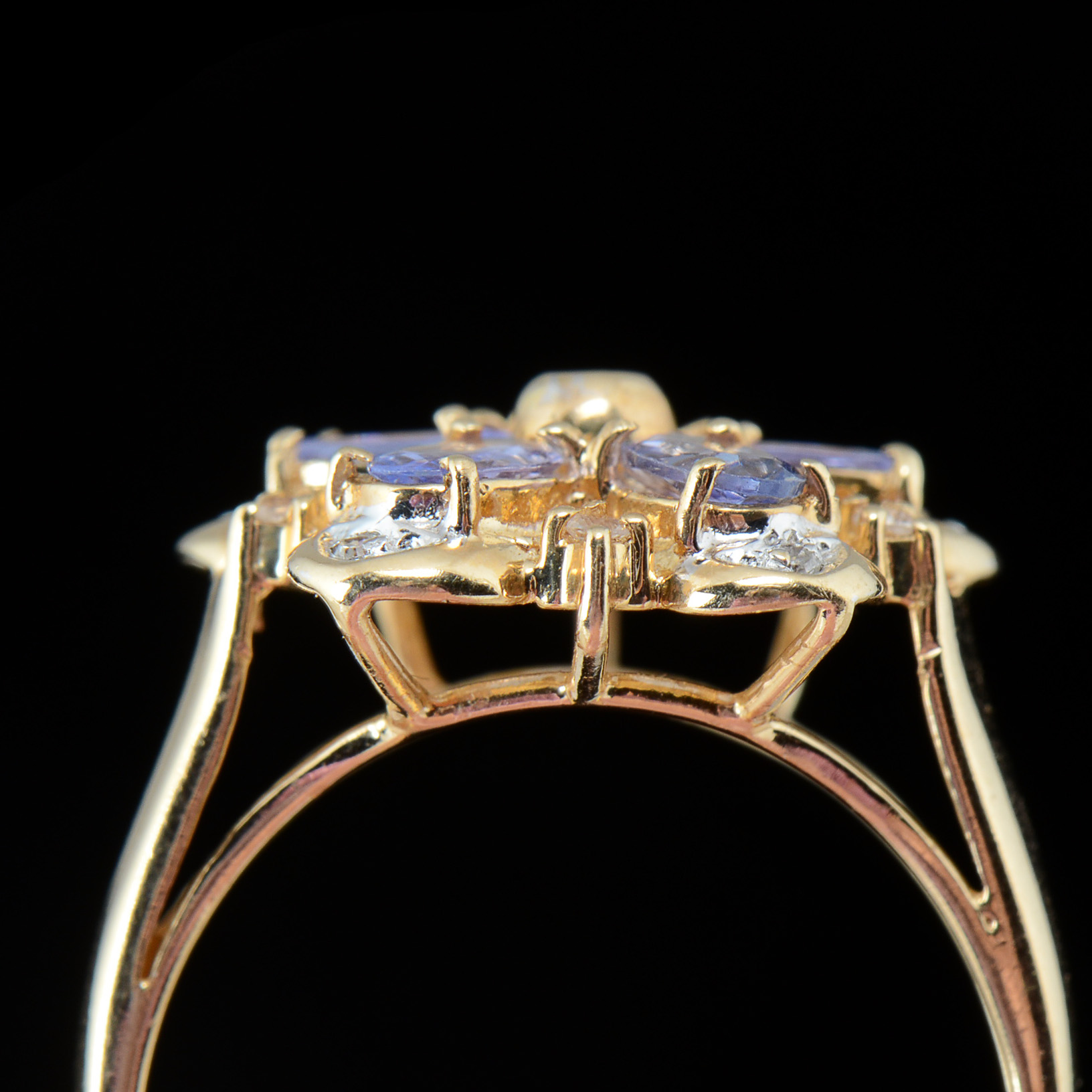 14K Yellow Gold Tanzanite and Diamond Openwork Floral Ring