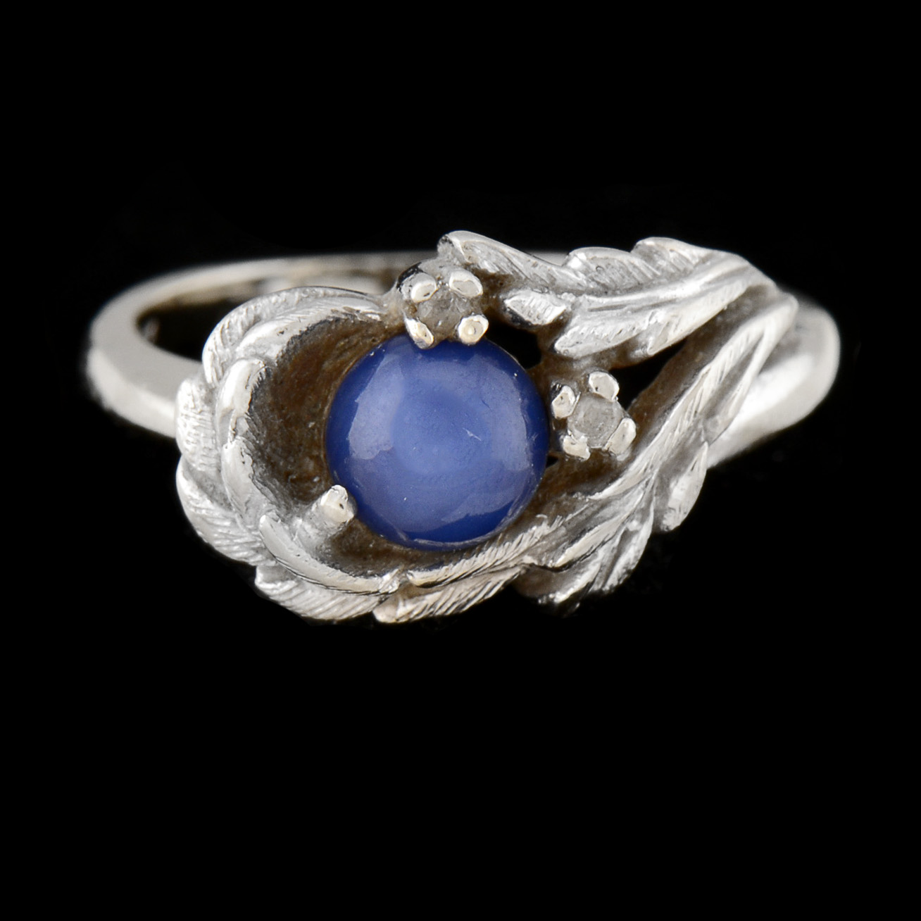 14K White Gold Synthetic Star Sapphire Openwork Foliate Ring with Cubic Zirconium Stones