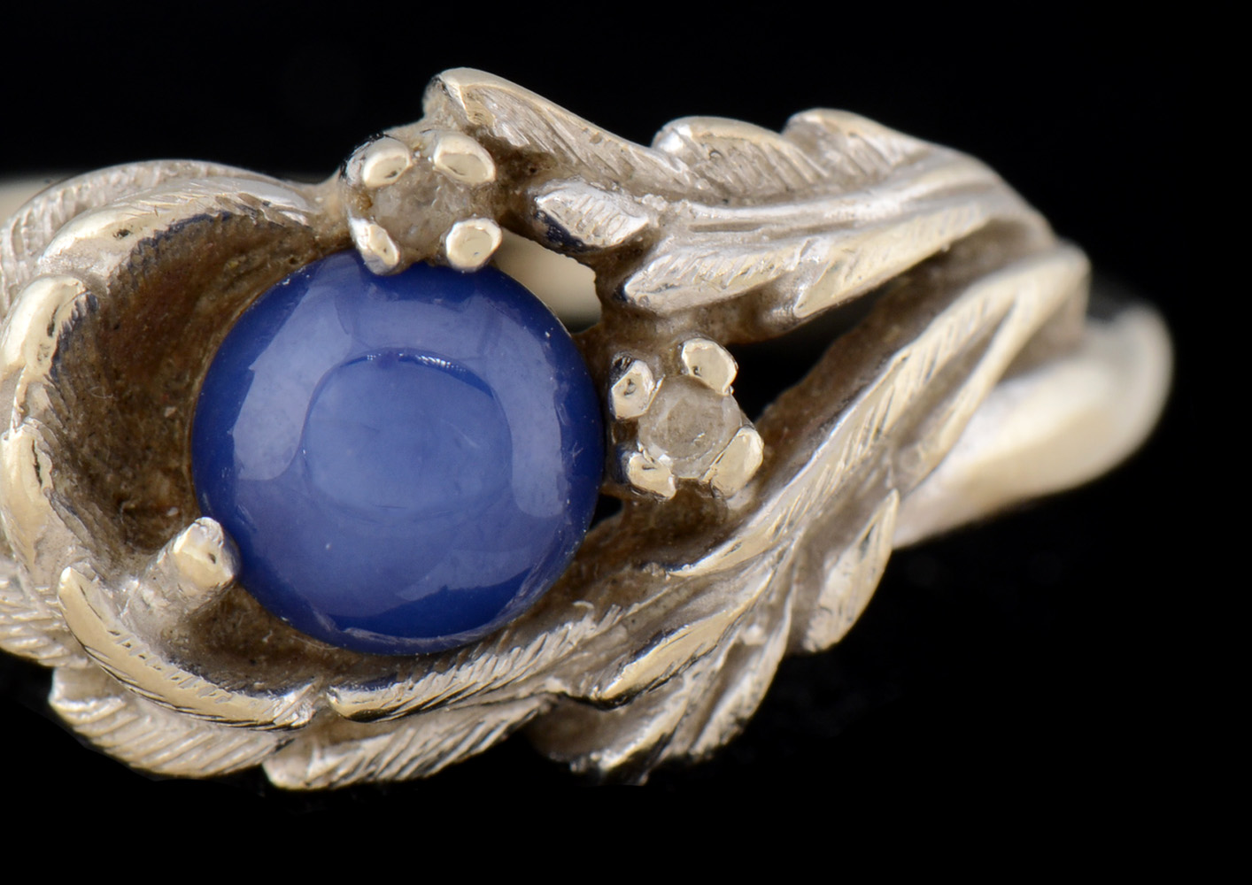 14K White Gold Synthetic Star Sapphire Openwork Foliate Ring with Cubic Zirconium Stones