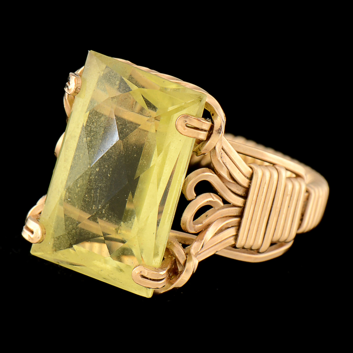 Gold Plated Wire Wrapped Ring with Glass Faceted Cut Stone