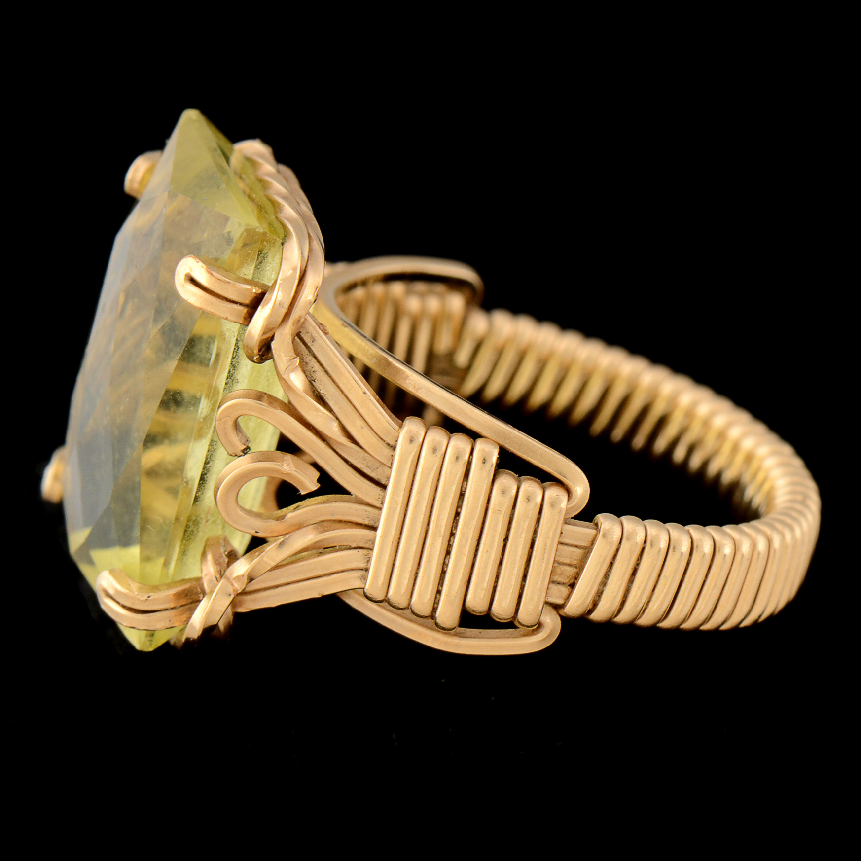 Gold Plated Wire Wrapped Ring with Glass Faceted Cut Stone