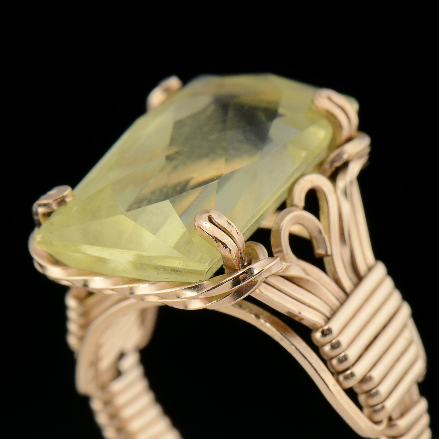 Gold Plated Wire Wrapped Ring with Glass Faceted Cut Stone
