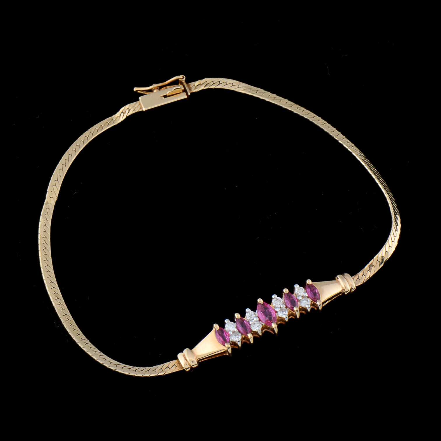 14K Yellow Gold Ruby and Diamond Herringbone Chain Bracelet