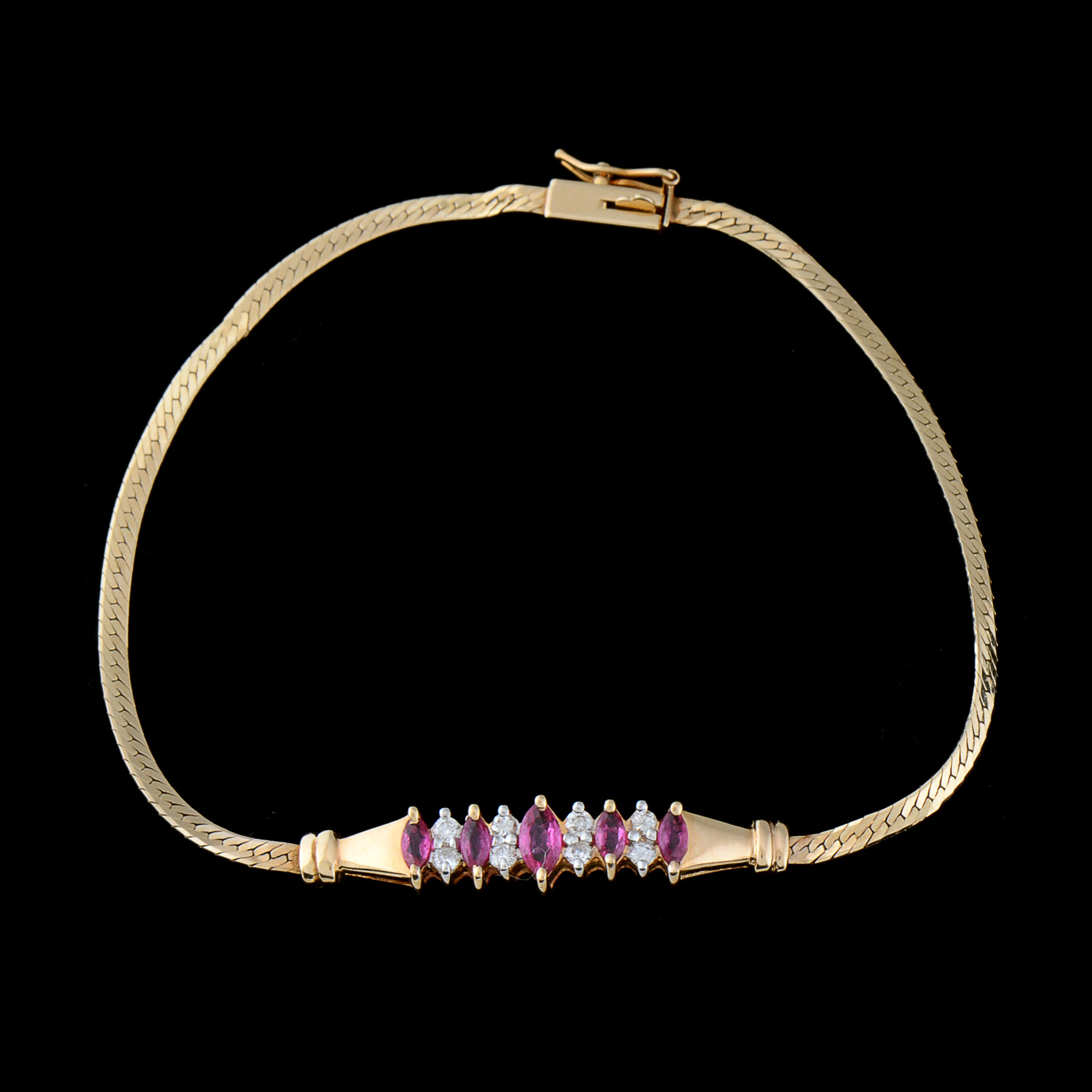 14K Yellow Gold Ruby and Diamond Herringbone Chain Bracelet