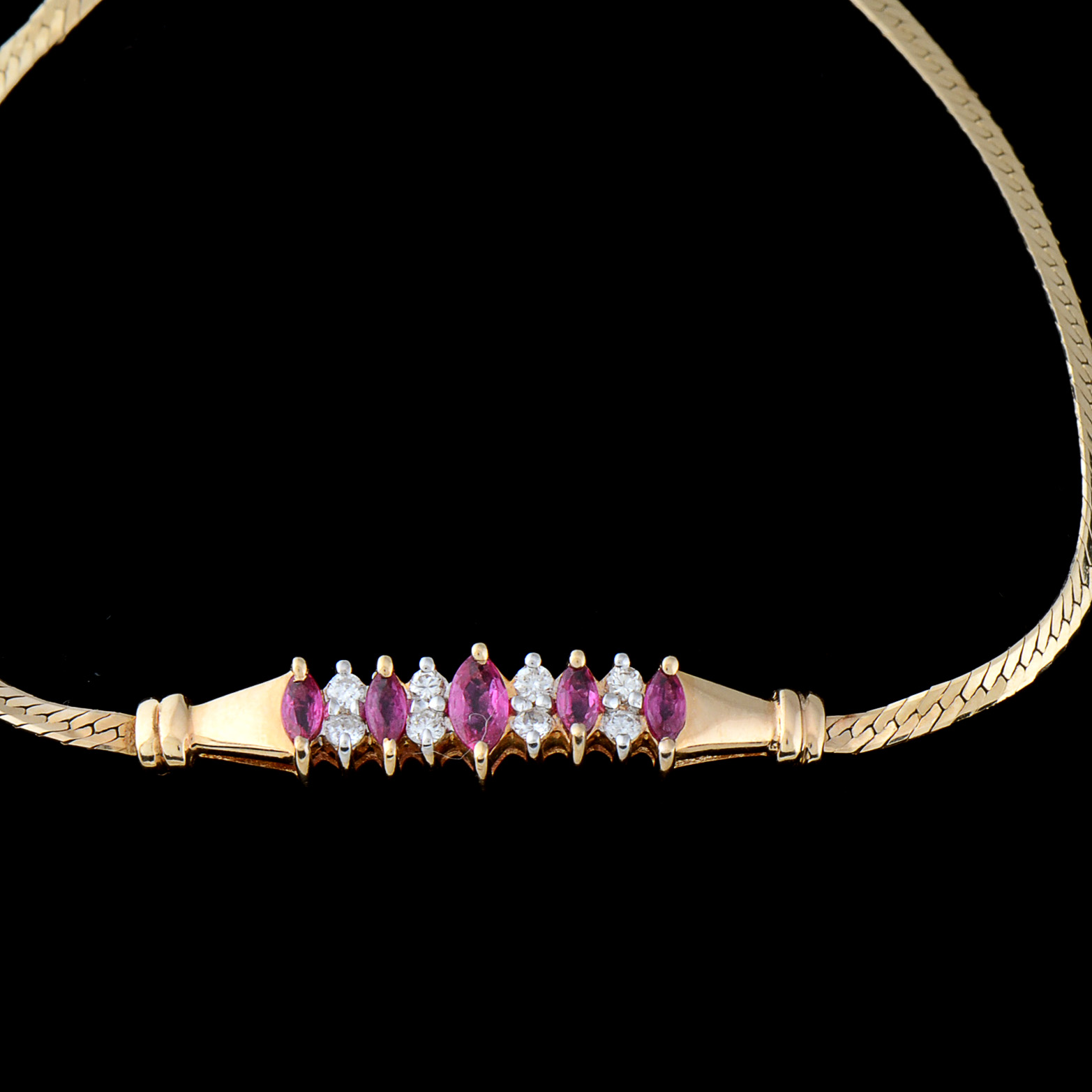 14K Yellow Gold Ruby and Diamond Herringbone Chain Bracelet