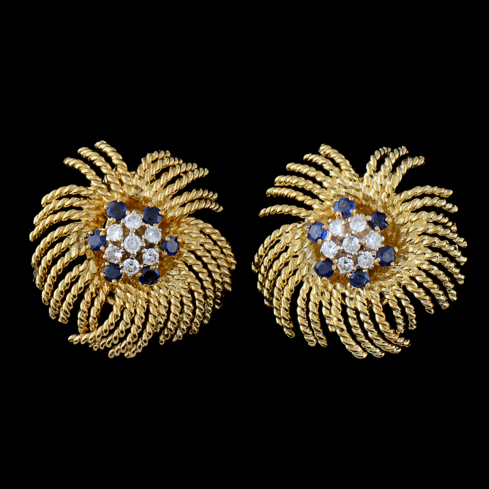 1950s Vintage 18K Yellow Gold, Diamond, and Blue Sapphire Clip-On Earrings
