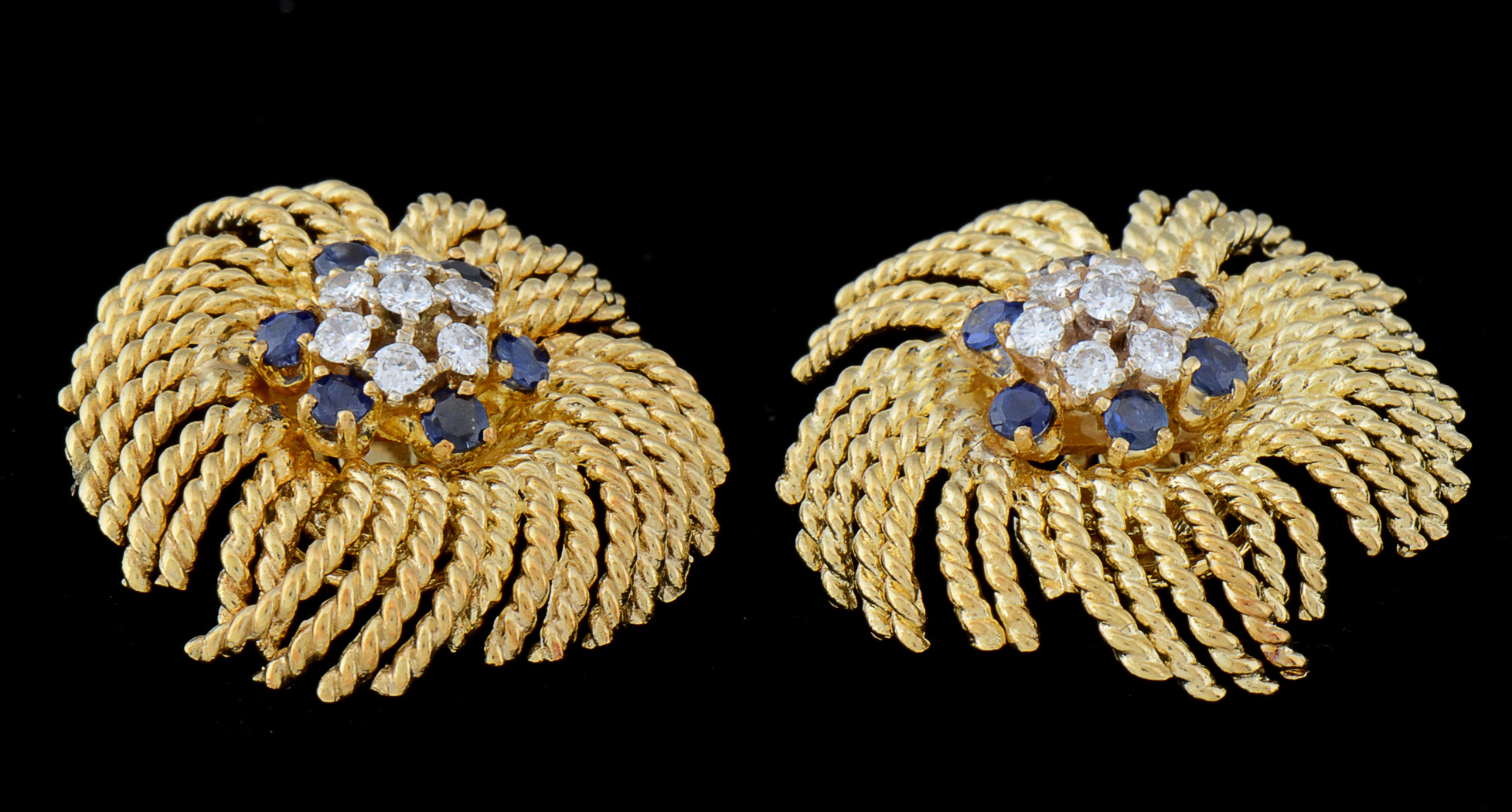 1950s Vintage 18K Yellow Gold, Diamond, and Blue Sapphire Clip-On Earrings