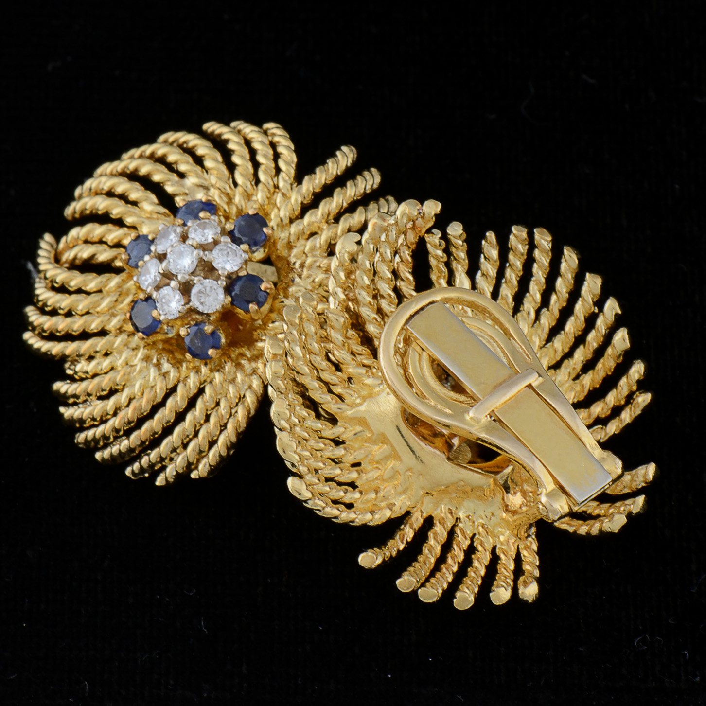 1950s Vintage 18K Yellow Gold, Diamond, and Blue Sapphire Clip-On Earrings