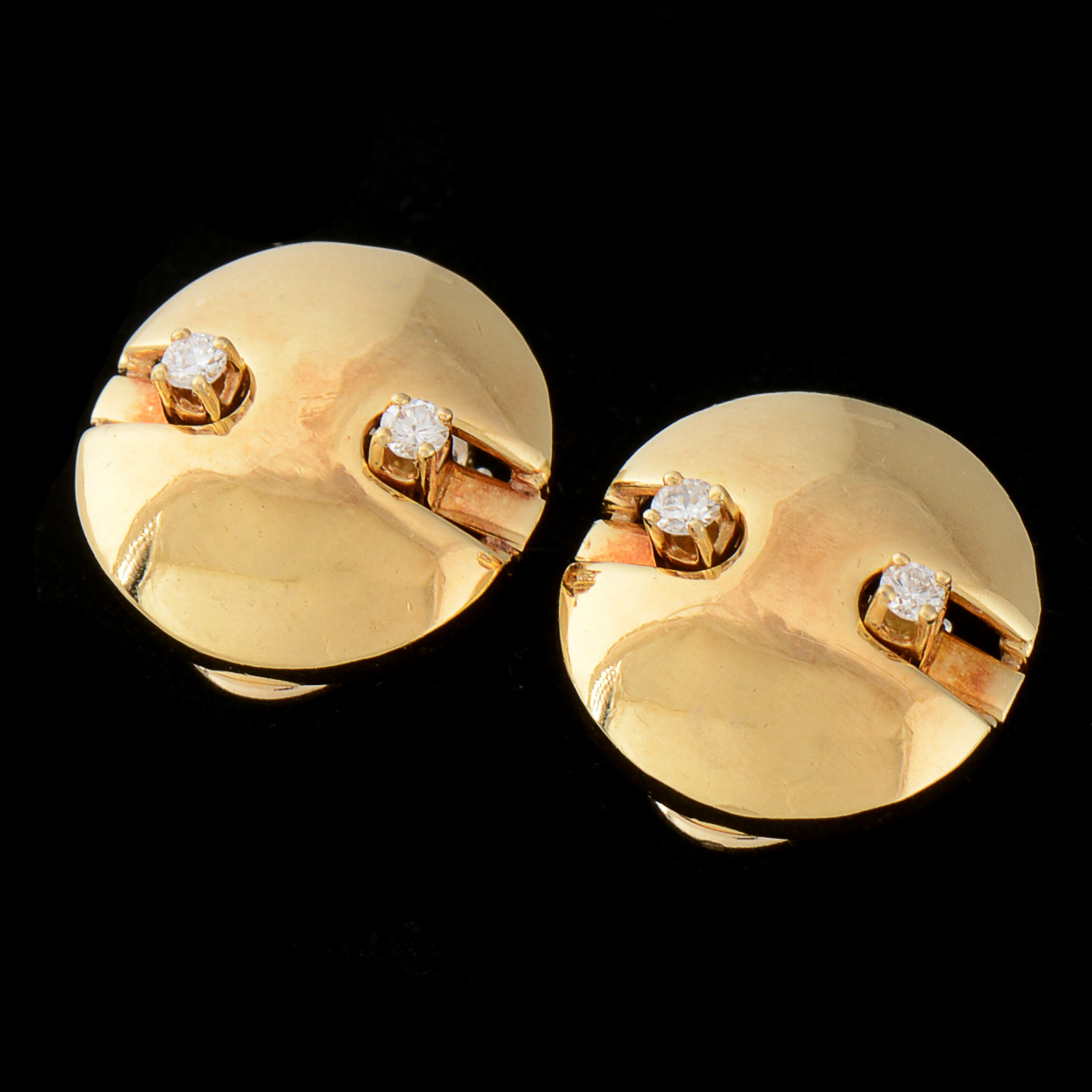 18K Yellow Gold Diamond Dome Shape Disc Clip-On Earrings