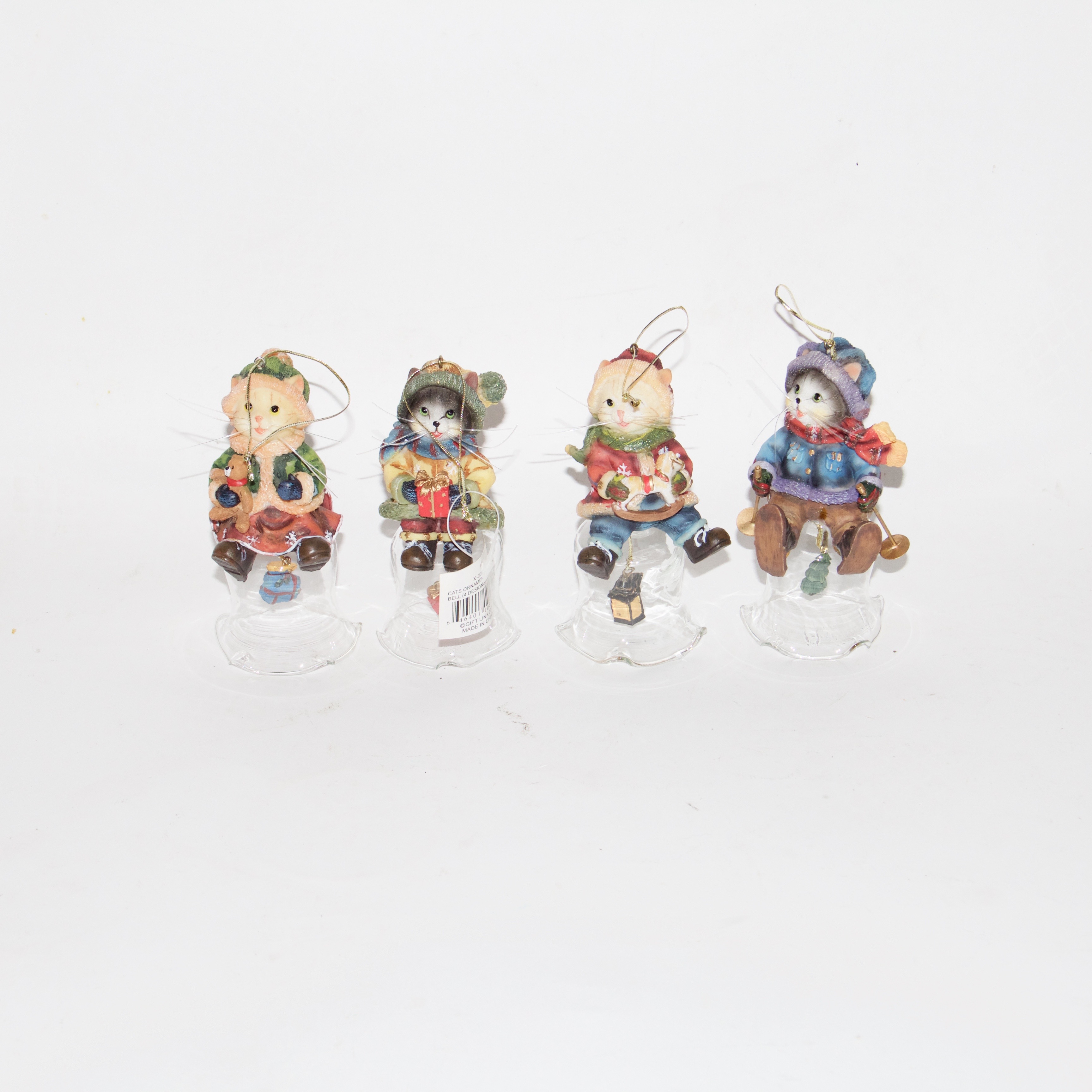 Set of Four Cat Bell Christmas Ornaments