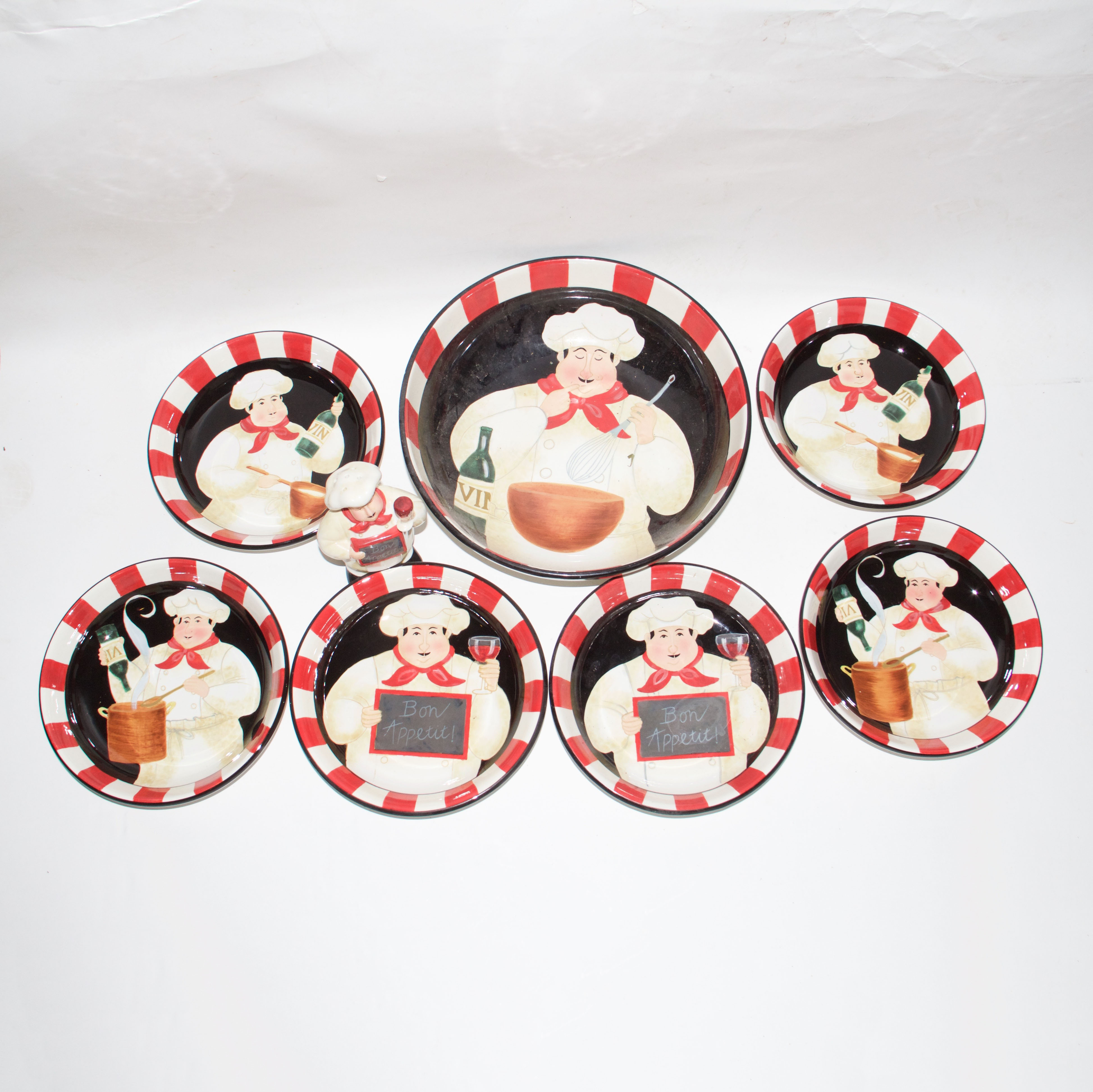 Set of Chef Themed Ceramic Pasta Bowls and Shaker