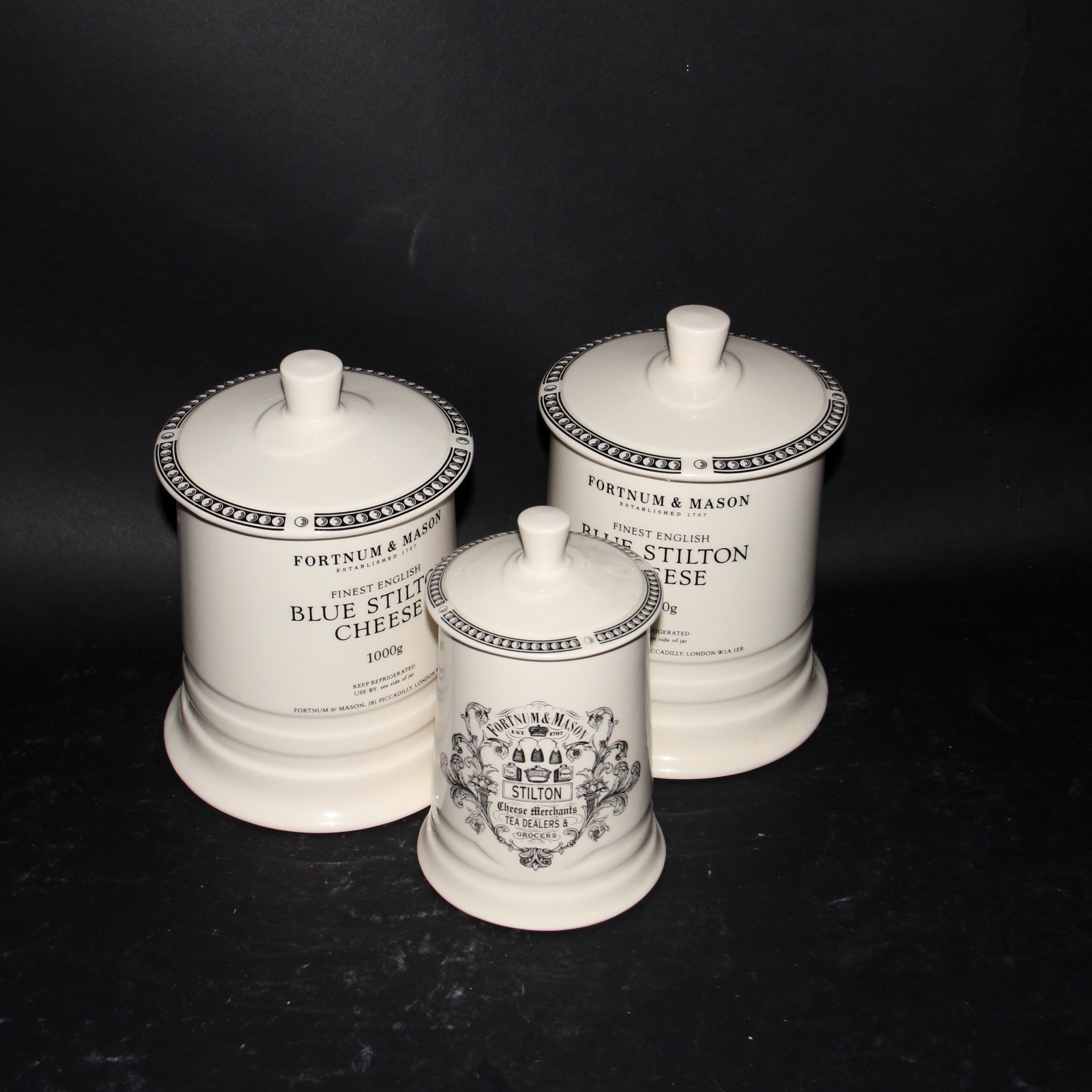 English Fortnum & Mason Ceramic "Blue Stilton Cheese" Canisters