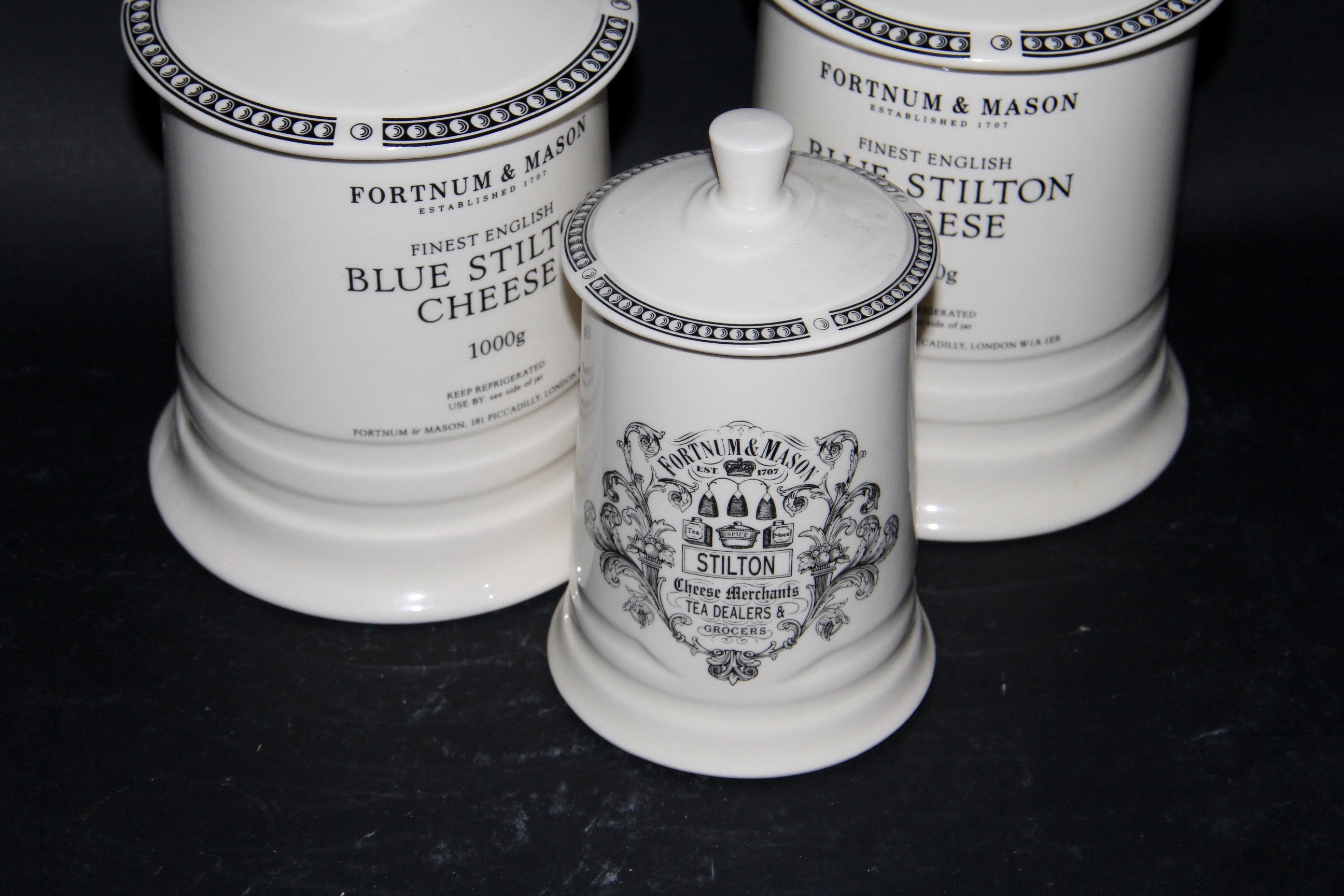 English Fortnum & Mason Ceramic "Blue Stilton Cheese" Canisters