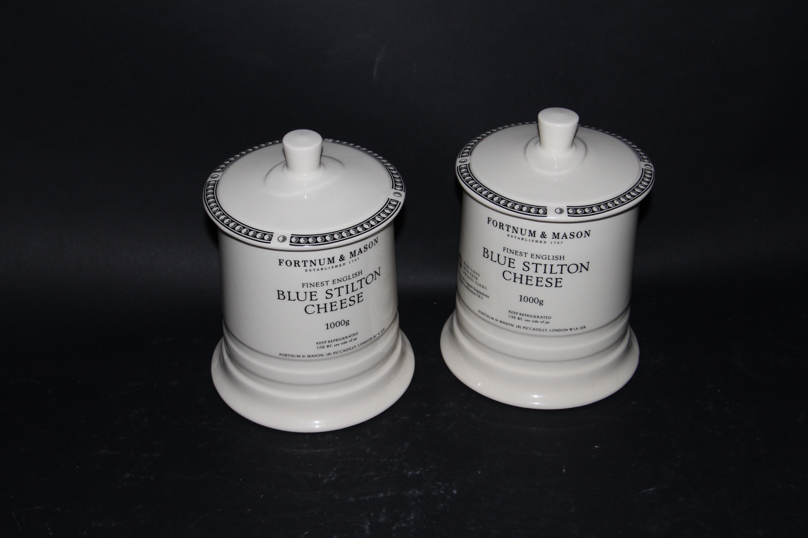 English Fortnum & Mason Ceramic "Blue Stilton Cheese" Canisters