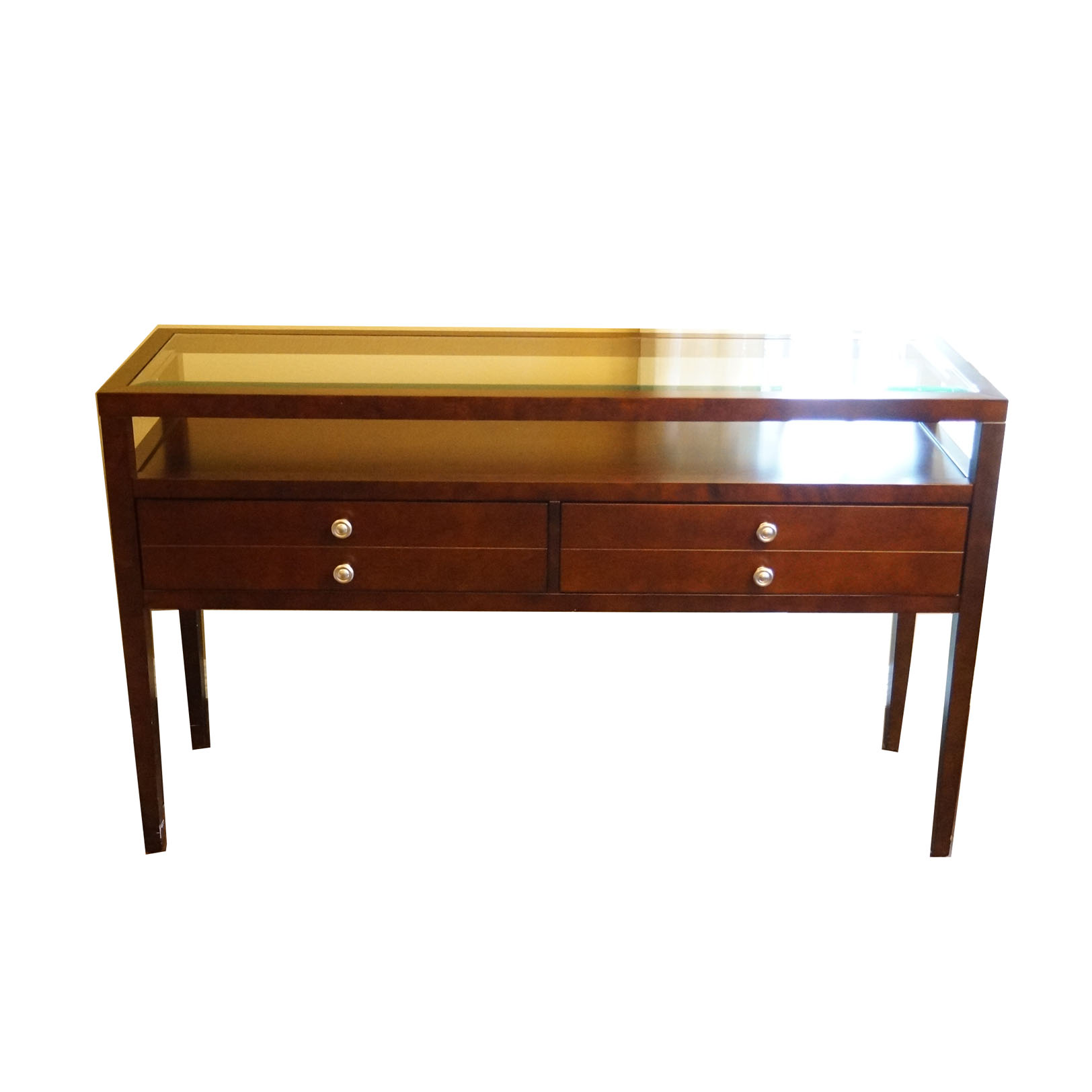 Walnut Finished Glass Top Console Table
