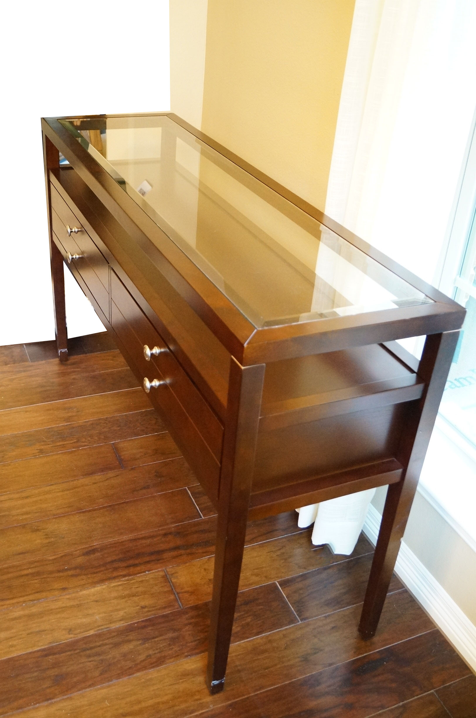 Walnut Finished Glass Top Console Table