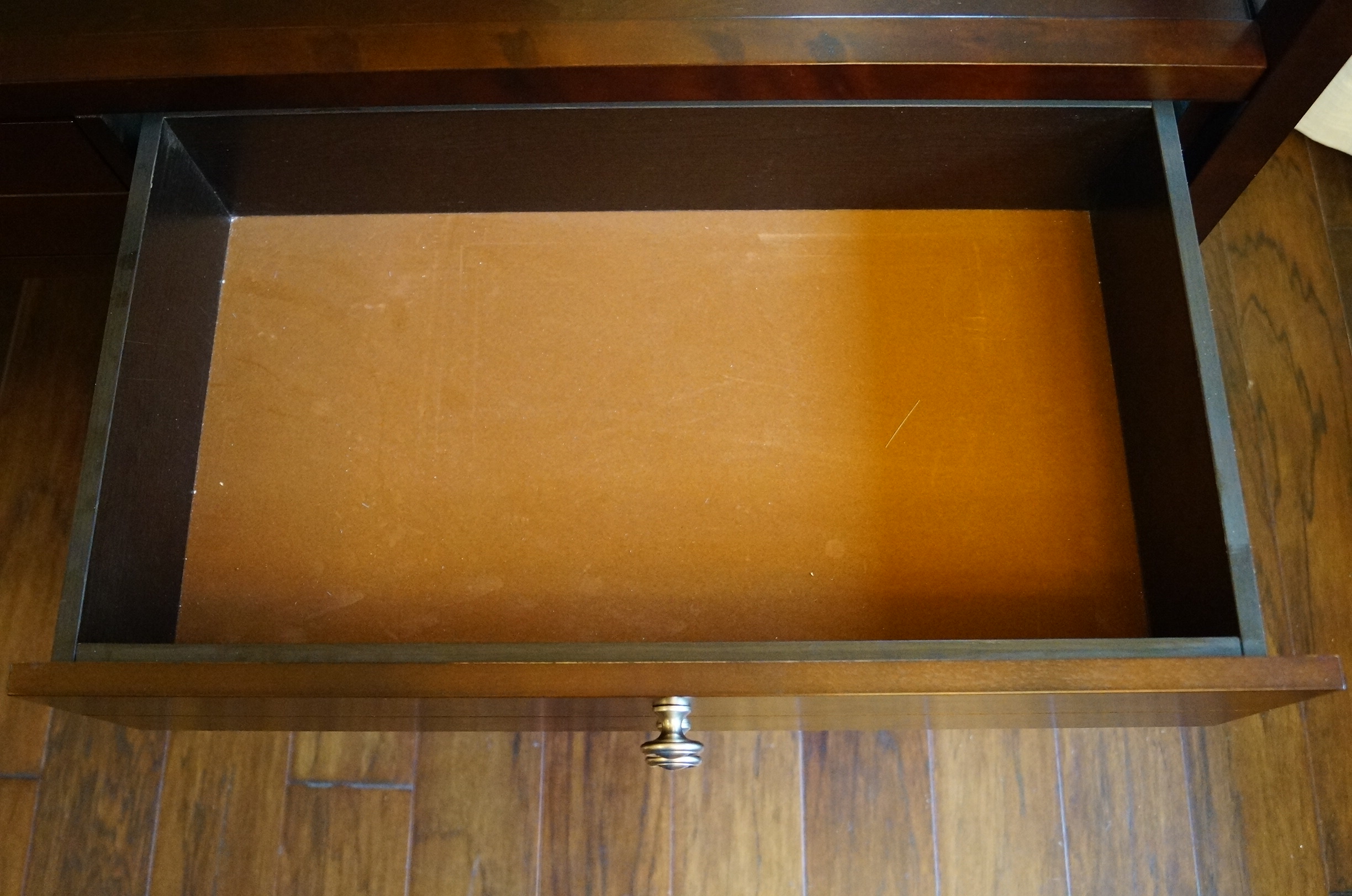 Walnut Finished Glass Top Console Table