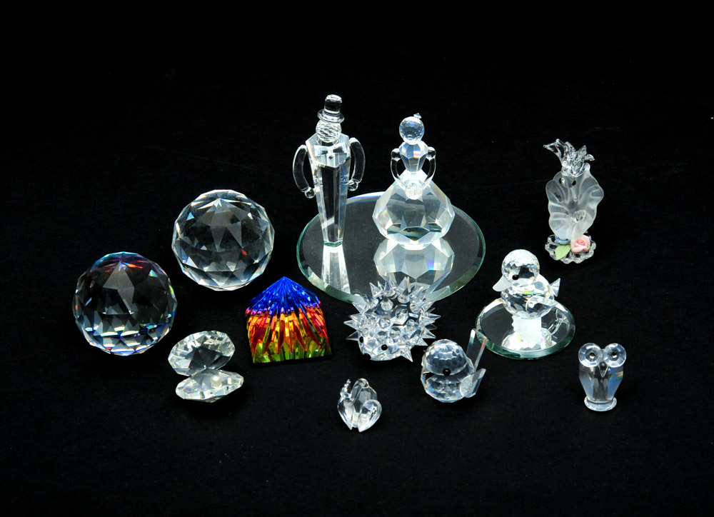 Collection of Swarovski Crystal Figurines, Display Case and More